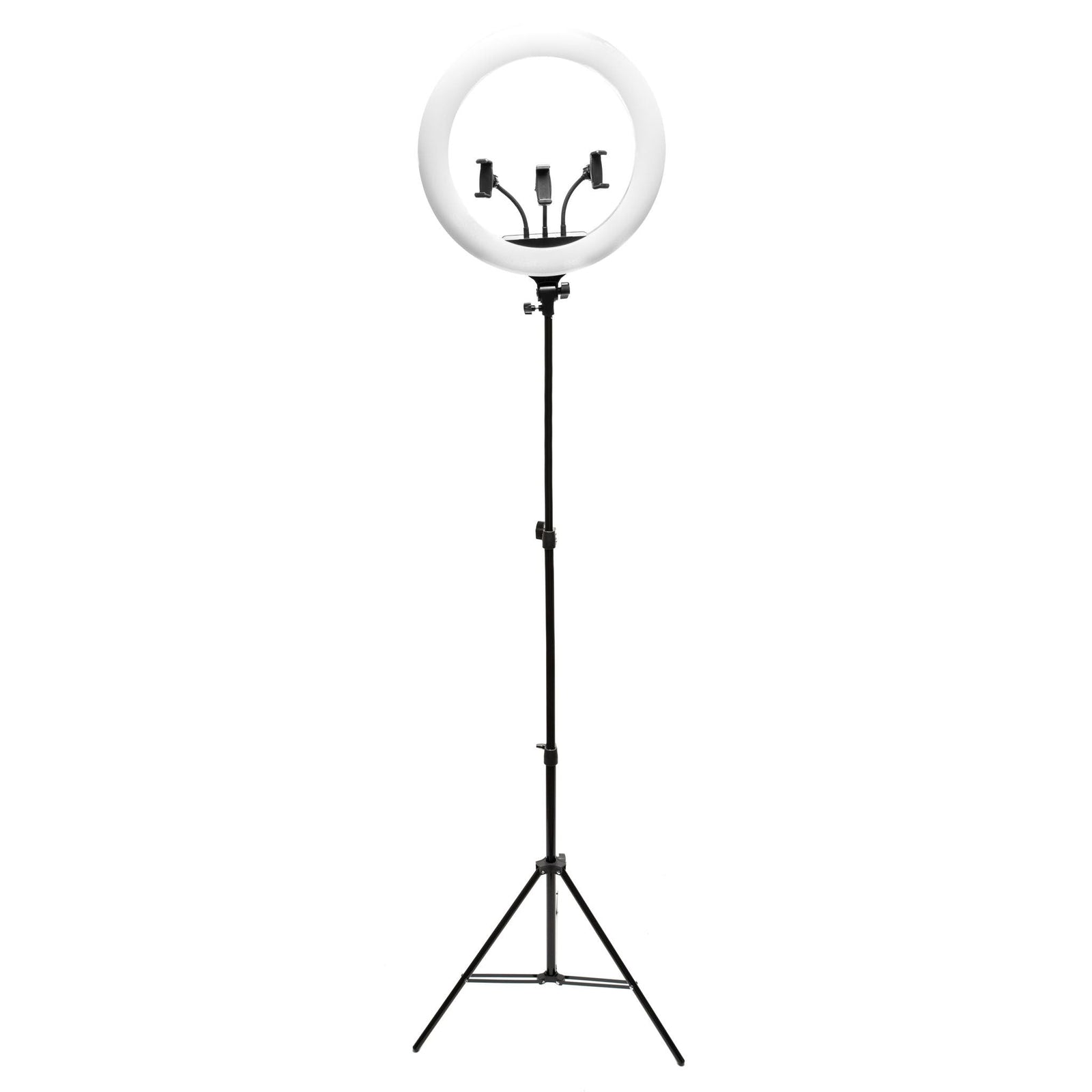 The Rio Professional Makeup & Vlogging 18-inch Dimmable LED Ring Light features a tall black tripod, phone/camera holders, and delivers studio-quality lighting—ideal for flawless makeup, photography, and video recording.