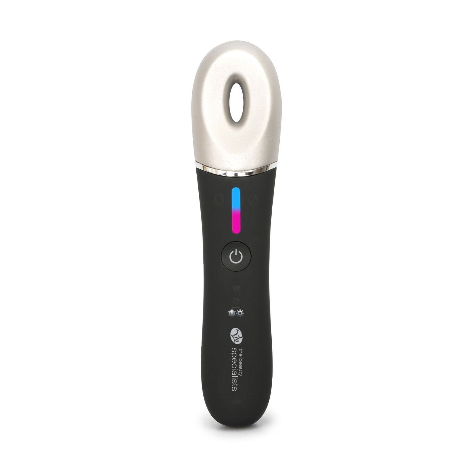 The Rio Revive & Refresh is a black and silver handheld device with an oval opening at the top, buttons, and indicator lights—designed to soothe and refresh your skin each use.