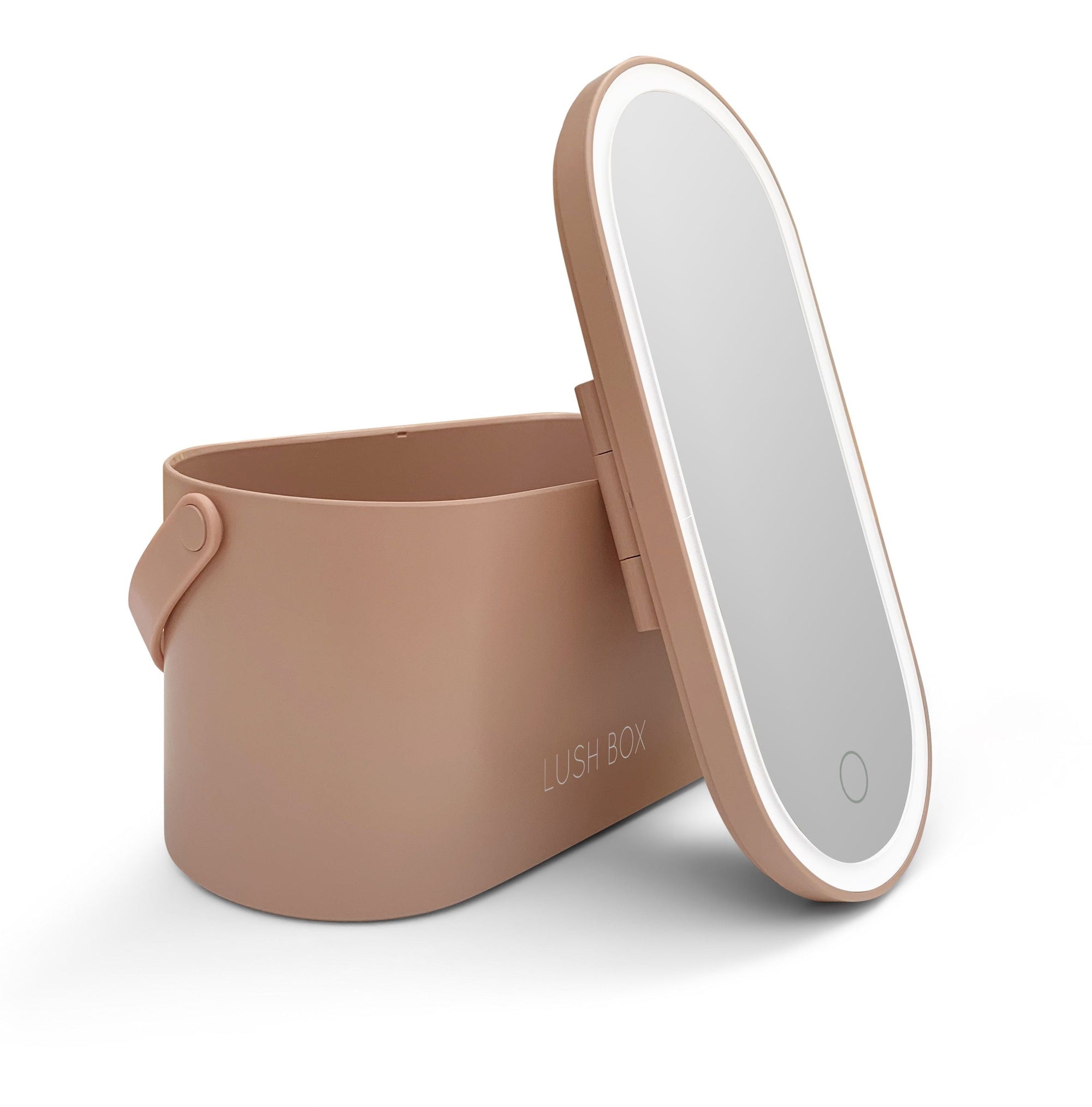 The Rio Lush Box Vanity Case is a light brown, oval-shaped case with a lid featuring an integrated mirror and touch-sensitive light ring—shown partially open on a white background—making it the perfect travel companion.