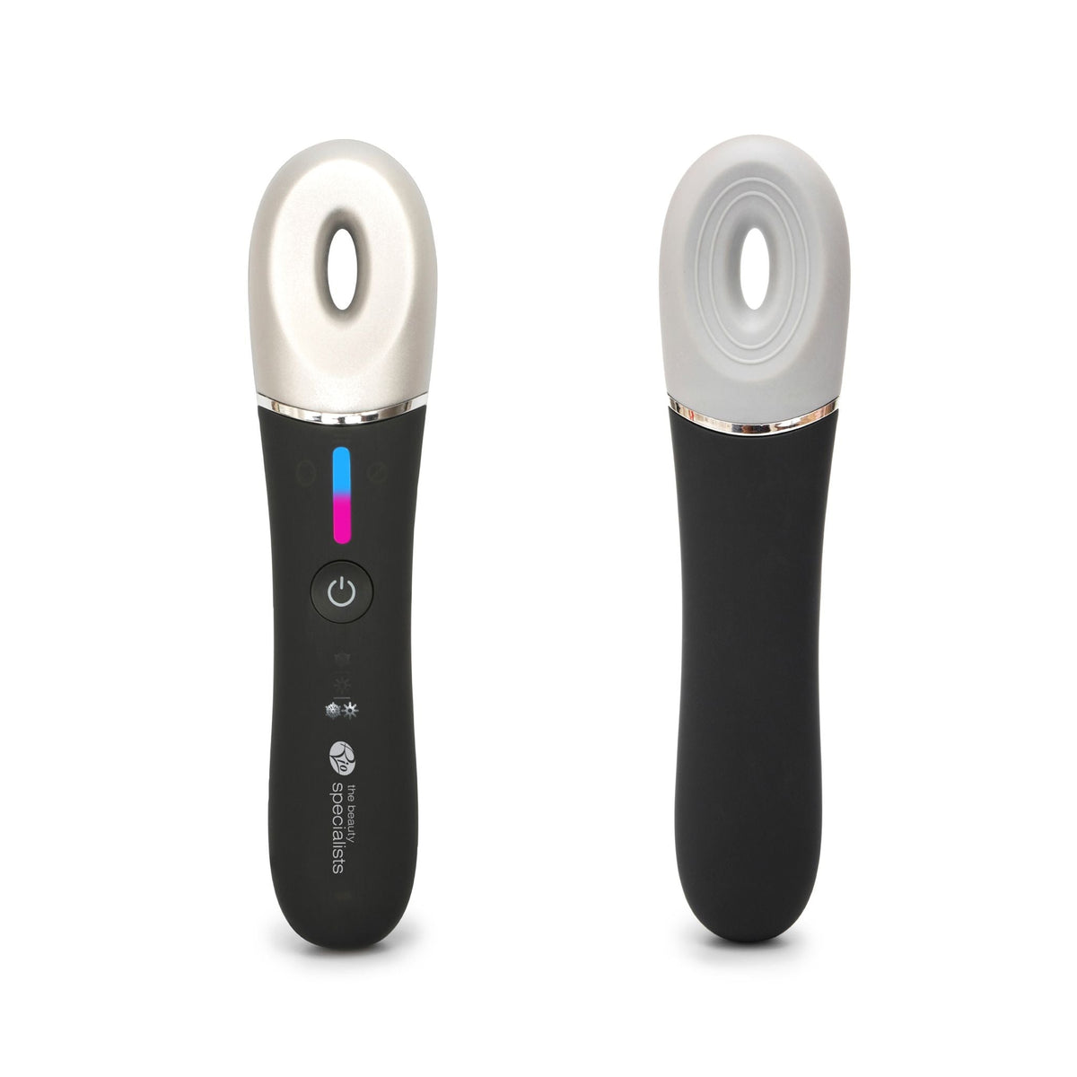 Two Rio Revive & Refresh handheld devices, with black handles, silver and grey oval silicone tips, buttons, and indicator lights, designed to soothe and refresh skin. Shown front and back on a white background.
