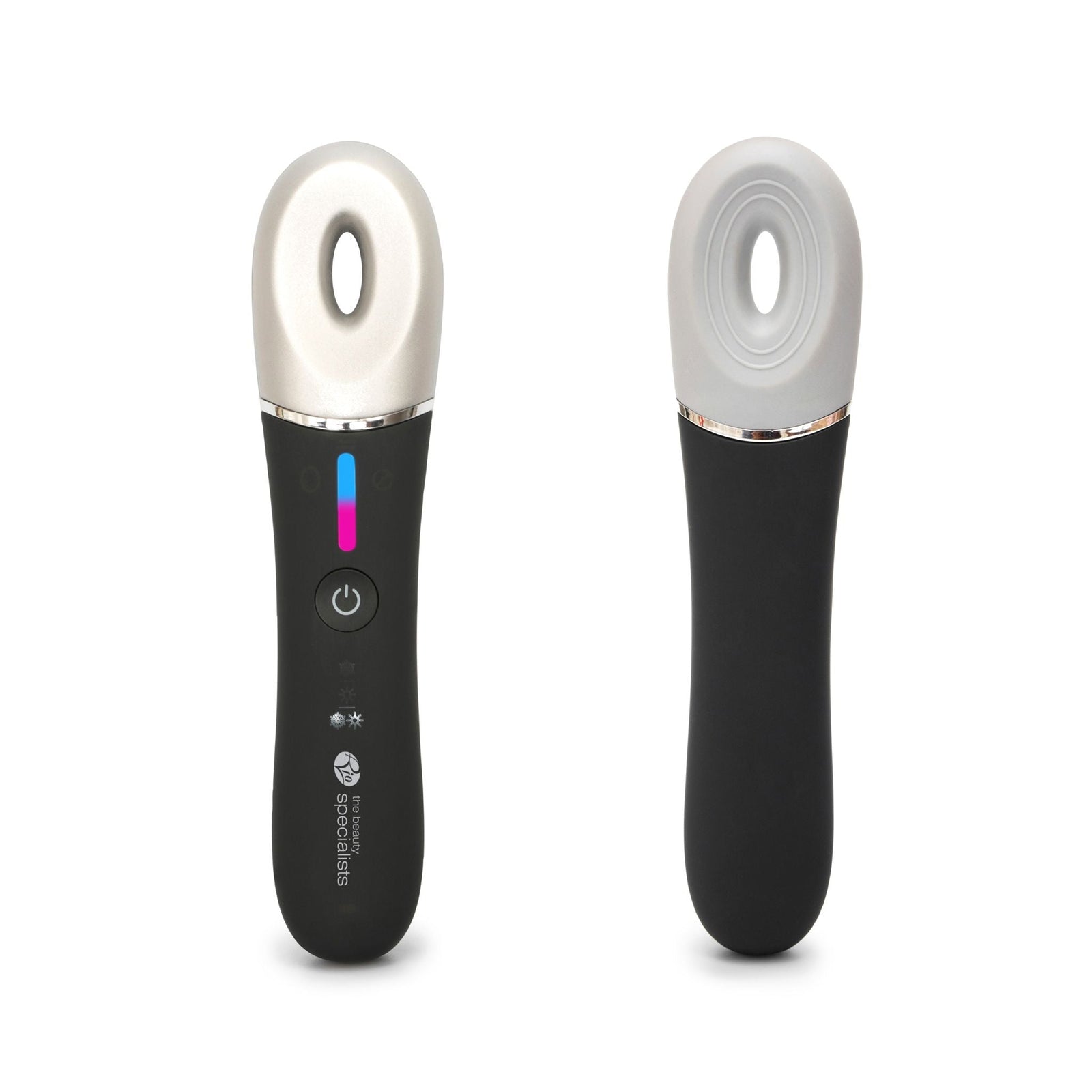 Two Rio Revive & Refresh handheld devices, with black handles, silver and grey oval silicone tips, buttons, and indicator lights, designed to soothe and refresh skin. Shown front and back on a white background.