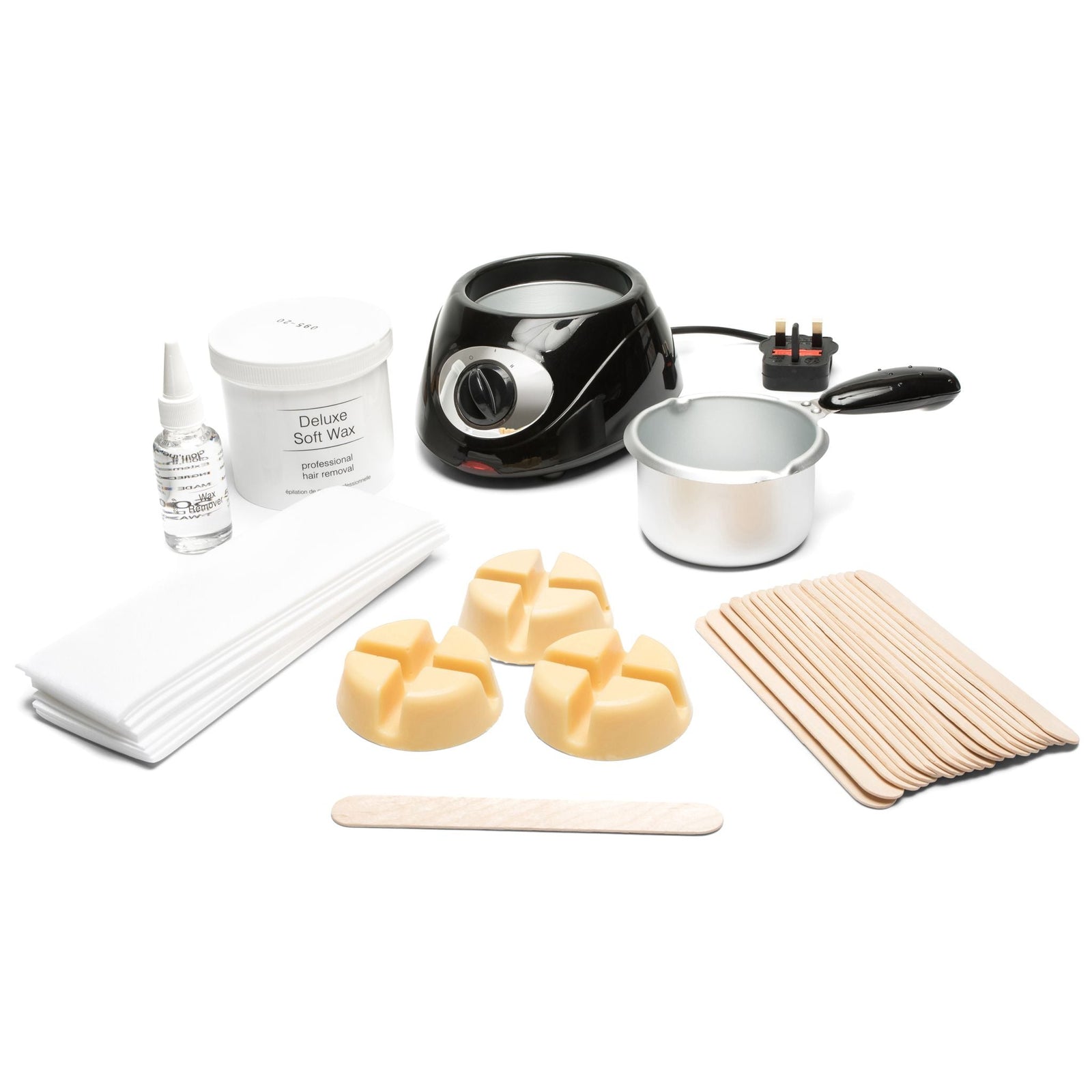 Total Body Waxing kit laid out showing all the accessories included with the product