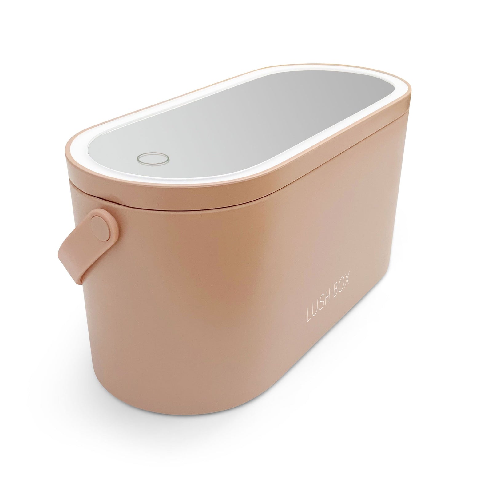 The Rio Lush Box Vanity Case is a rectangular beige case with rounded edges, a reflective lid, and a circular top button. Featuring a side handle and LUSH BOX print, its your perfect travel companion for stylish organization.