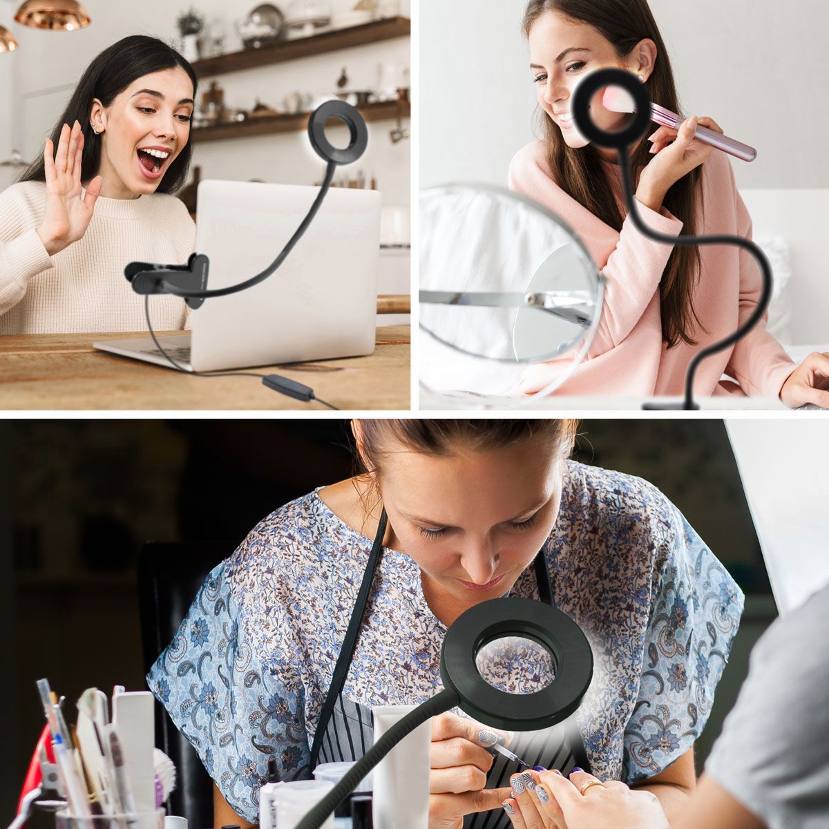 A collage shows three women using the Rio Beauty Station LED Ring Light: one waves at a laptop, another applies makeup by a mirror, and the third does her manicure—all with flexible stands.