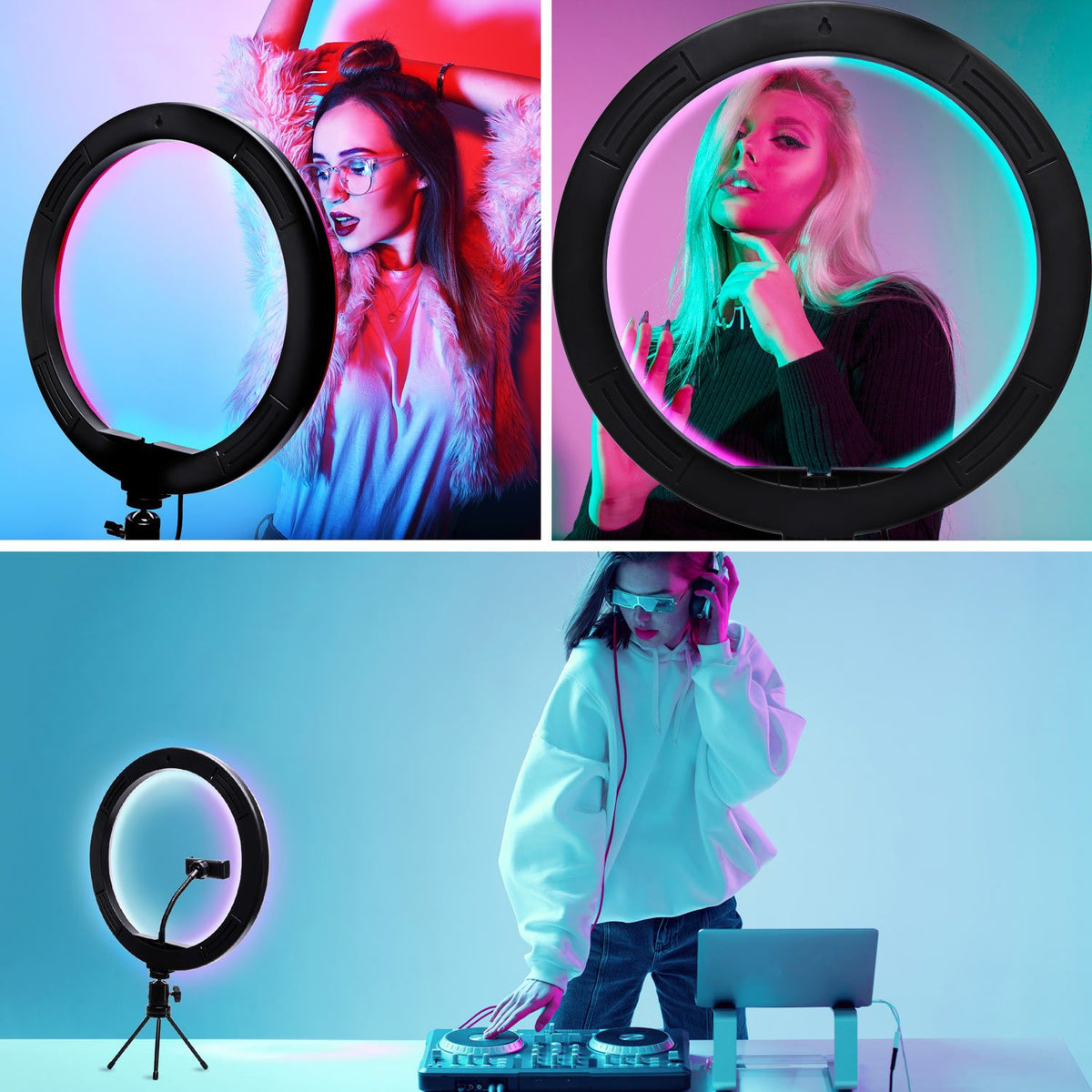 Collage of three images: two women posing with colorful lighting and a large Rio Studio RGB Beauty Ring Light, and a DJ in a hoodie using equipment in a blue-pink-lit room, with the ring light on a tripod nearby.