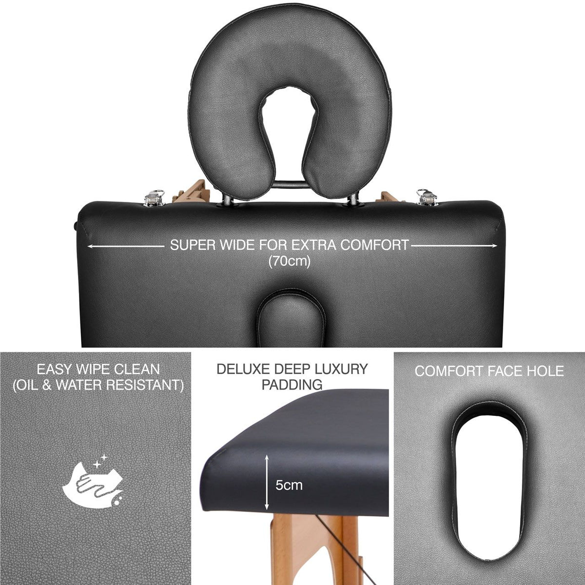 Collage of the Rio Professional Ultra-Light Portable Massage Table highlights its 70cm extra wide surface, comfort face hole, 5cm luxury padding, and an easy-clean oil and water-resistant cover—ideal for professional massage treatments.