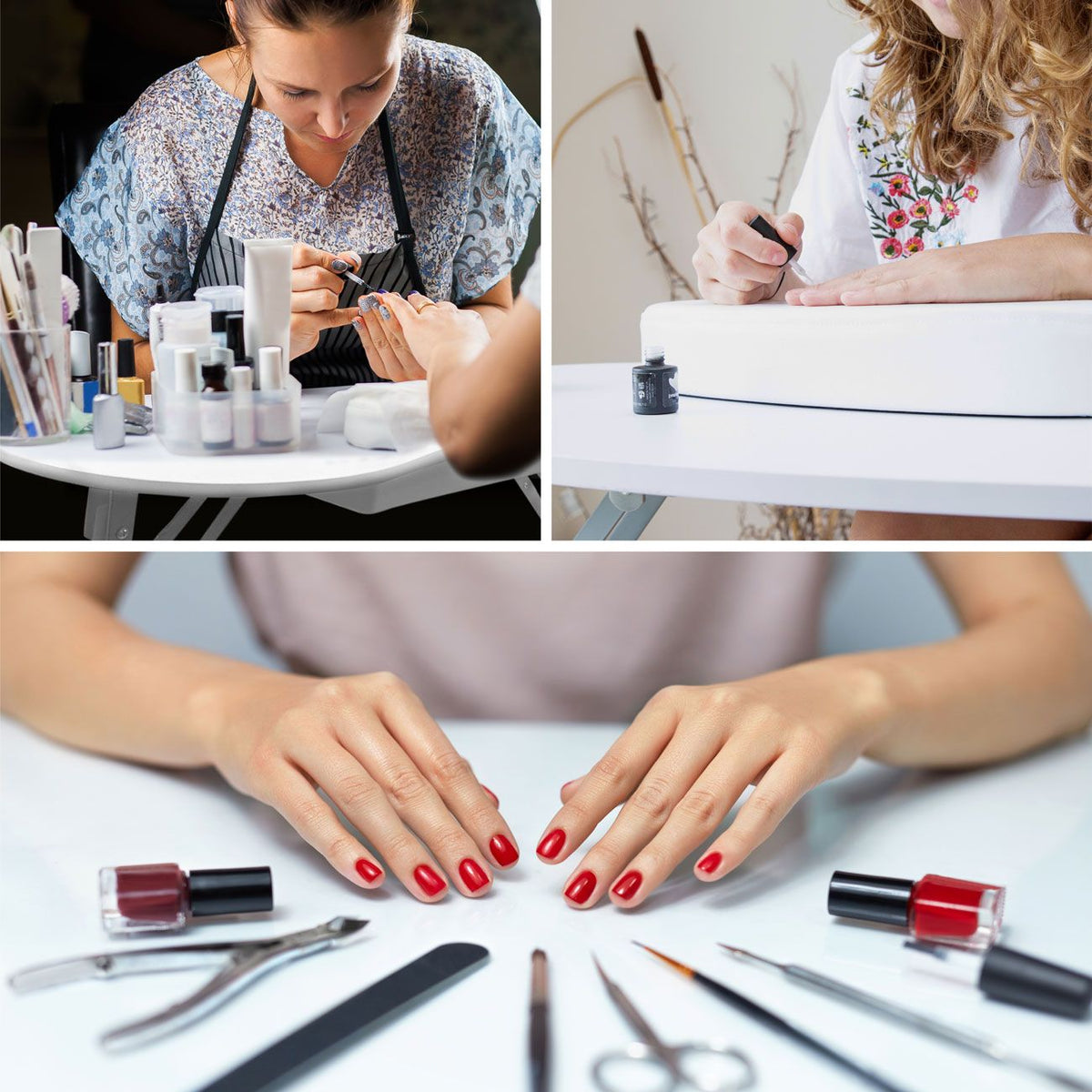 A collage shows a woman applying polish, a beautician giving a manicure, and hands with red nails surrounded by tools and polishes on the Rio Professional Manicure & Nail Beauticians Table.