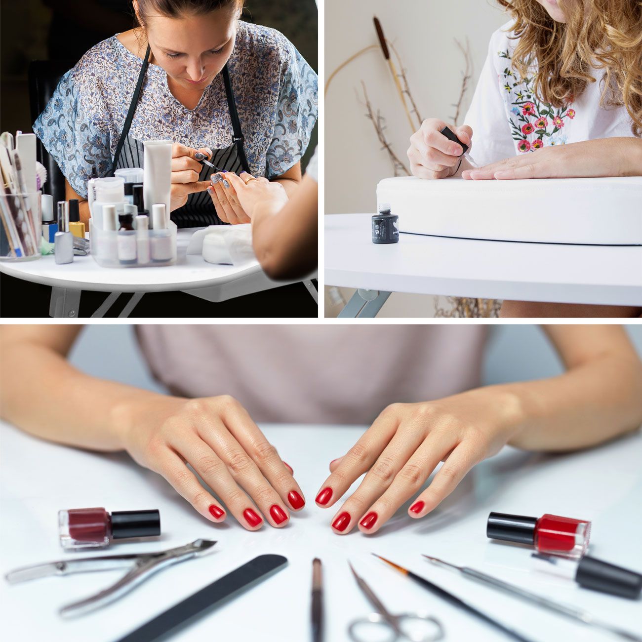 A collage shows a woman applying polish, a beautician giving a manicure, and hands with red nails surrounded by tools and polishes on the Rio Professional Manicure & Nail Beauticians Table.
