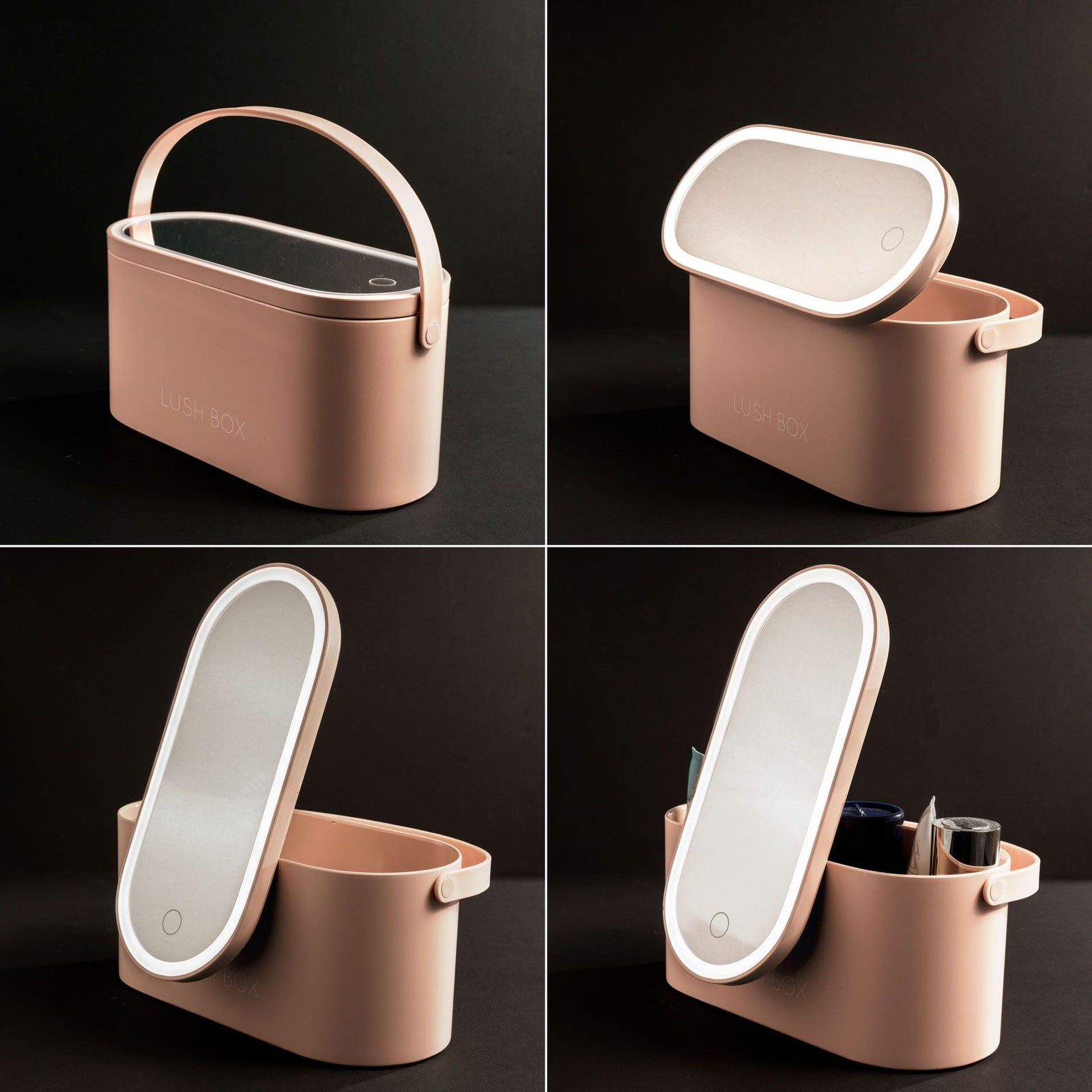 A collage of four images features the Rio Lush Box Vanity Case—a pink rectangular organizer with a clear detachable lid and handle, ideal as a chic travel companion or for neatly storing cosmetics and toiletries.