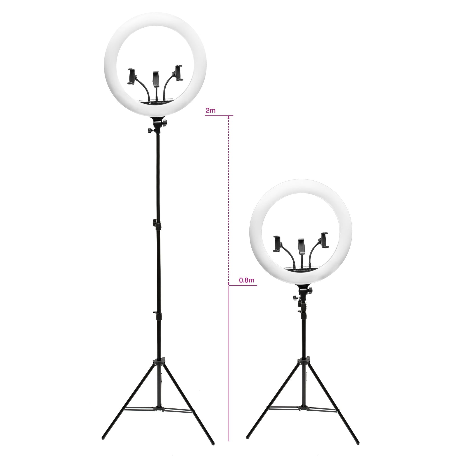 Two Rio Professional Makeup & Vlogging 18-inch Dimmable LED Ring Lights with phone holders are shown on tripods, one 2m and the other 0.8m tall, both featuring circular white LEDs for studio-quality lighting.