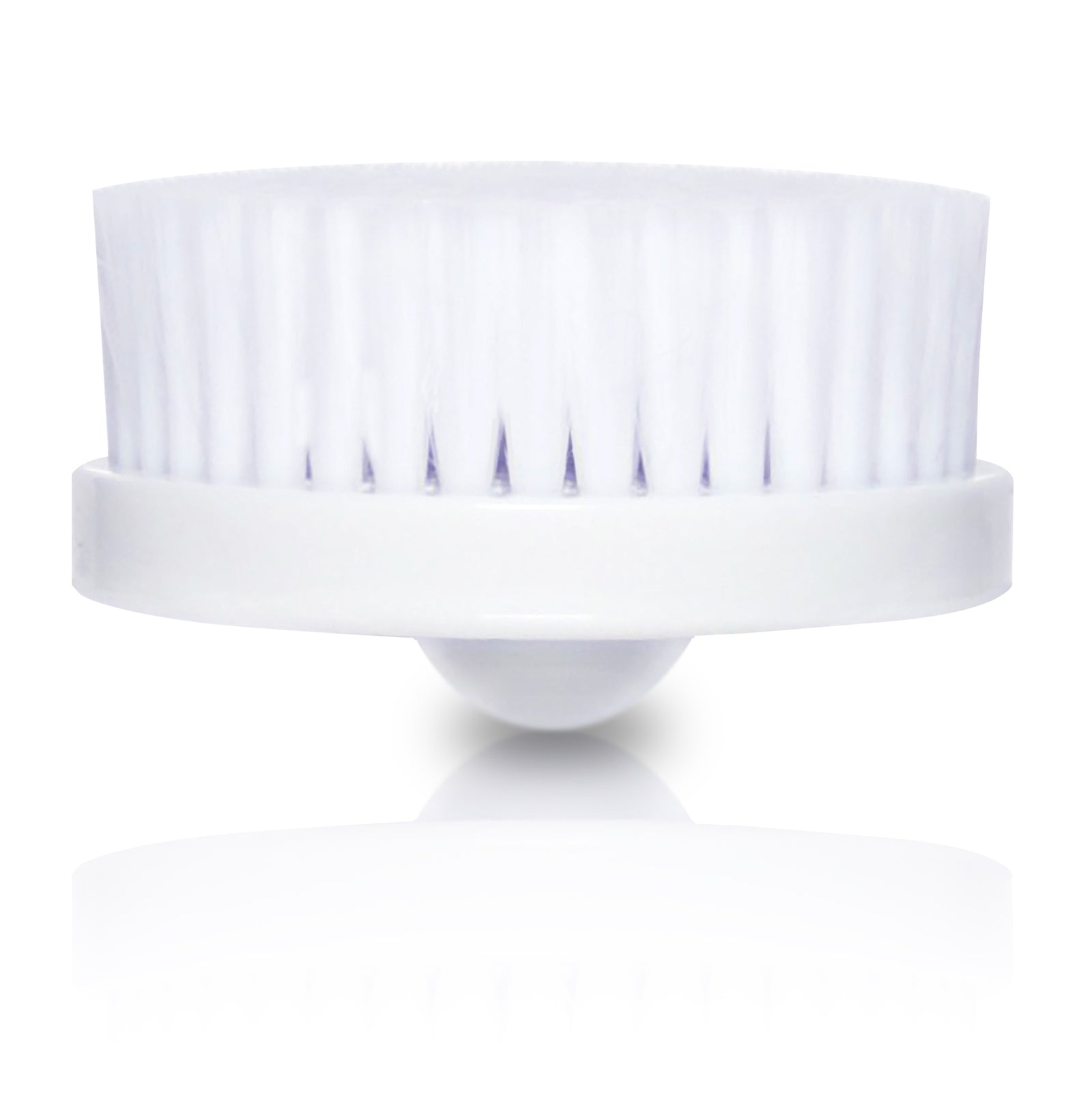 A close-up of the Rio Ultra Soft Brush shows its round white head and gentle bristles, set against a white background with subtle reflection. Ideal as replacement heads, this convenient pack of two keeps your brushing routine gentle and effective.