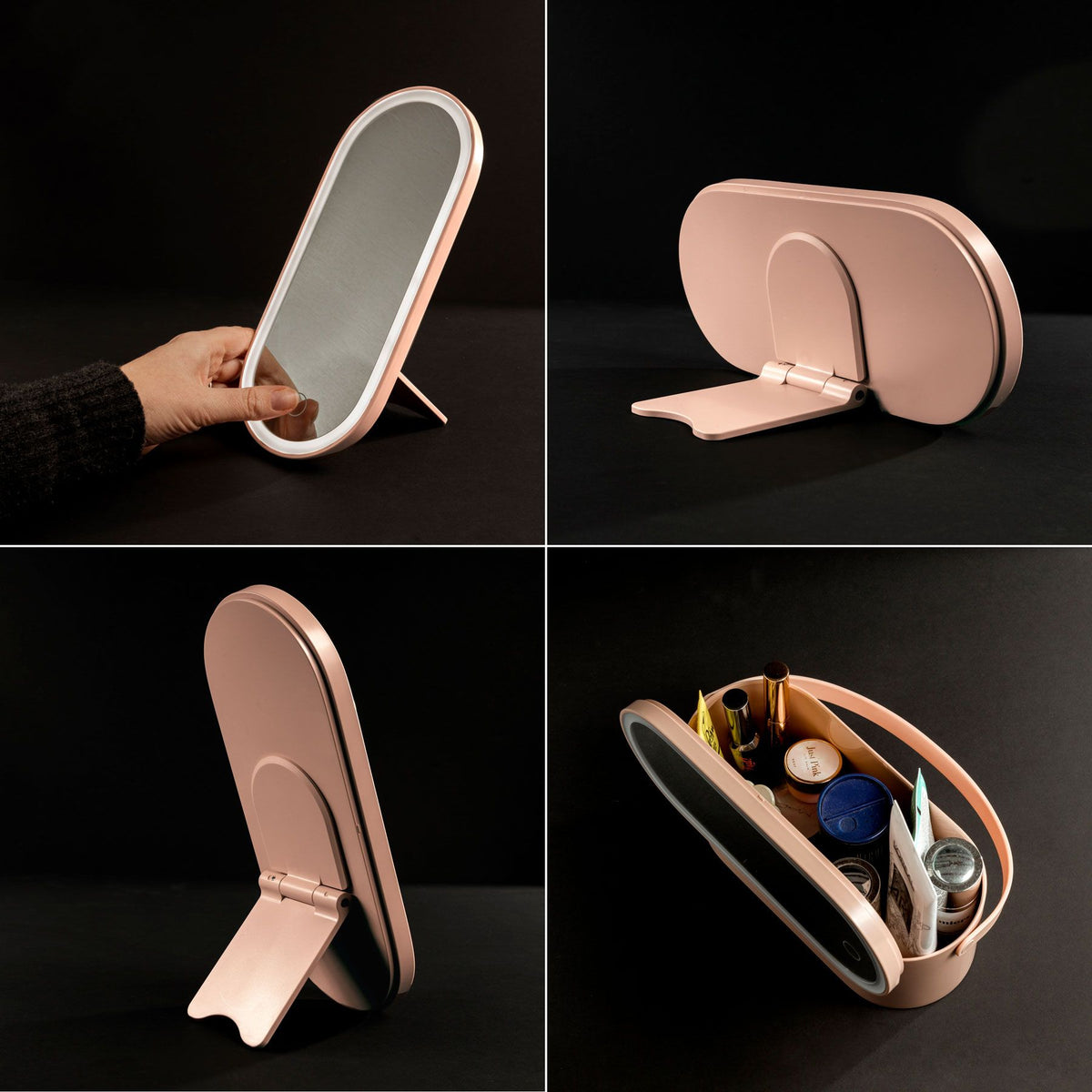 A four-panel image displays Rio’s Lush Box Vanity Case—a foldable oval mirror with a rose gold frame that stands upright, folds flat, and transforms into a stylish box for storing cosmetics and toiletries, perfect for travel.