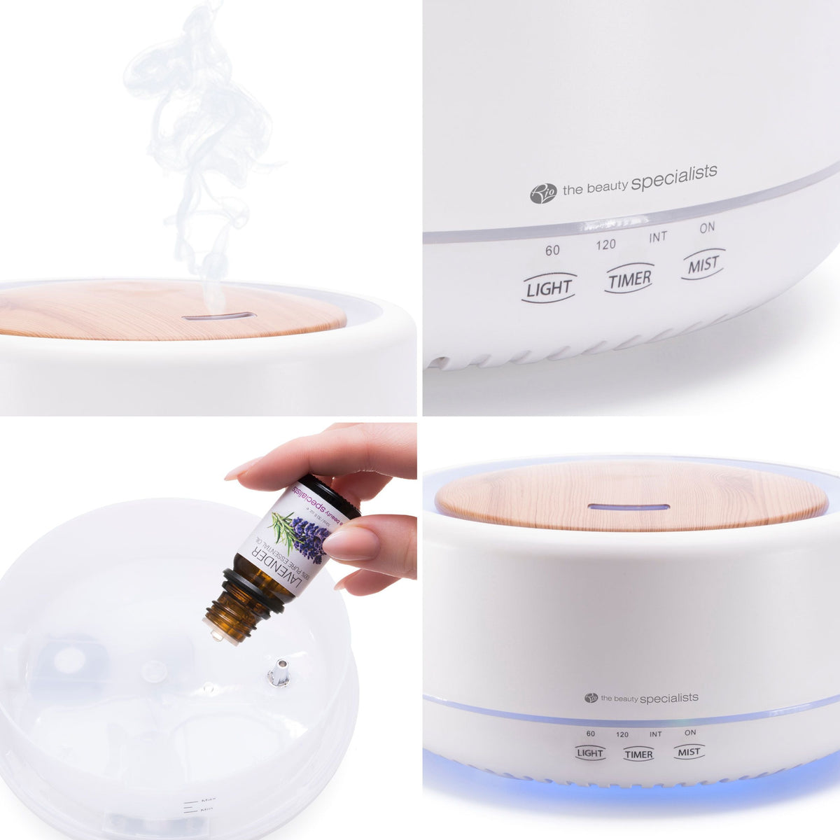 A collage of the Rio ENYA Aroma Diffuser, Humidifier & Night Light: steam rising, control buttons close-up, hand adding oil, and wood-style top with LED light—ideal for a soothing atmosphere.