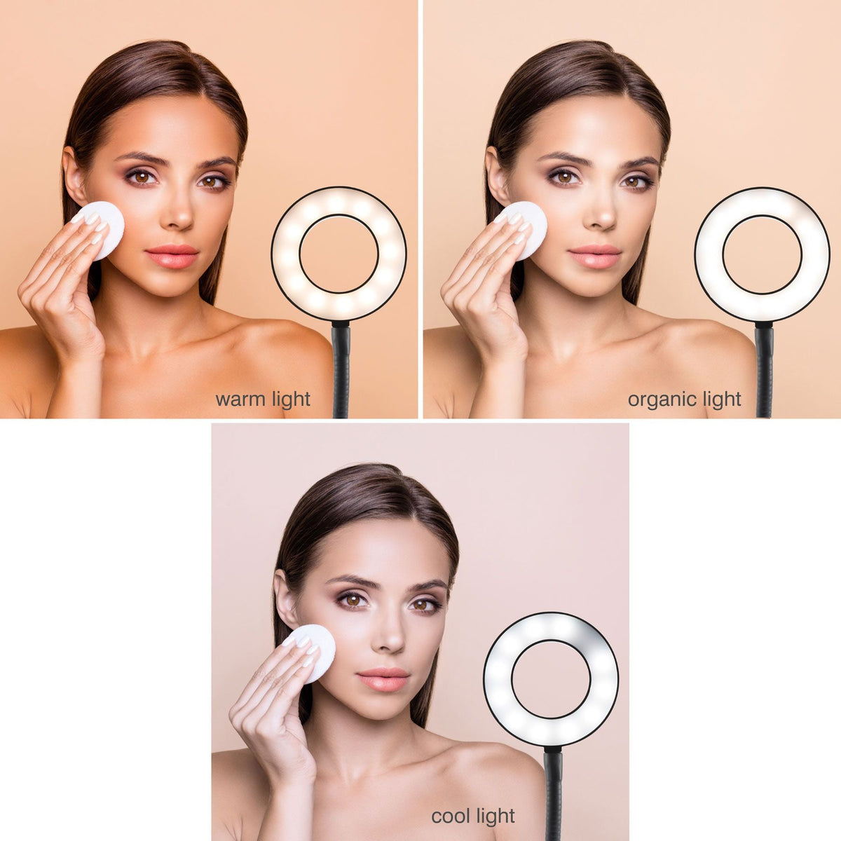 A woman uses a cotton pad on her cheek under three modes—warm, organic, and cool—of the Rio Beauty Station LED Ring Light, which highlights varied tones on her face and background.