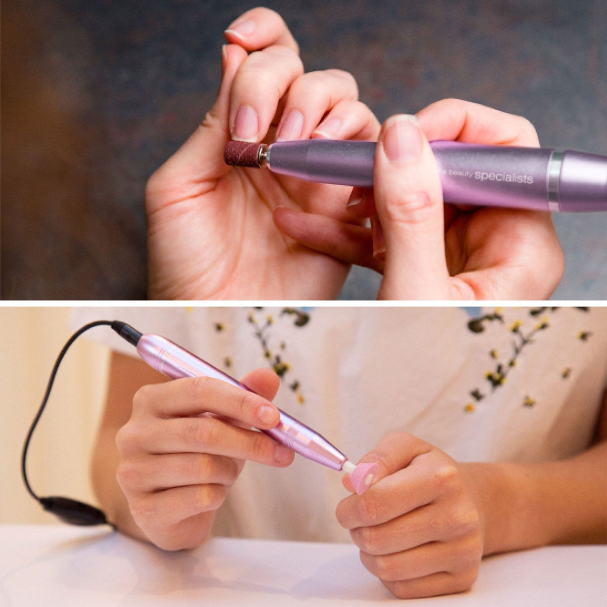 professional electric nail file with different drill heads attached being used to file and buff nails