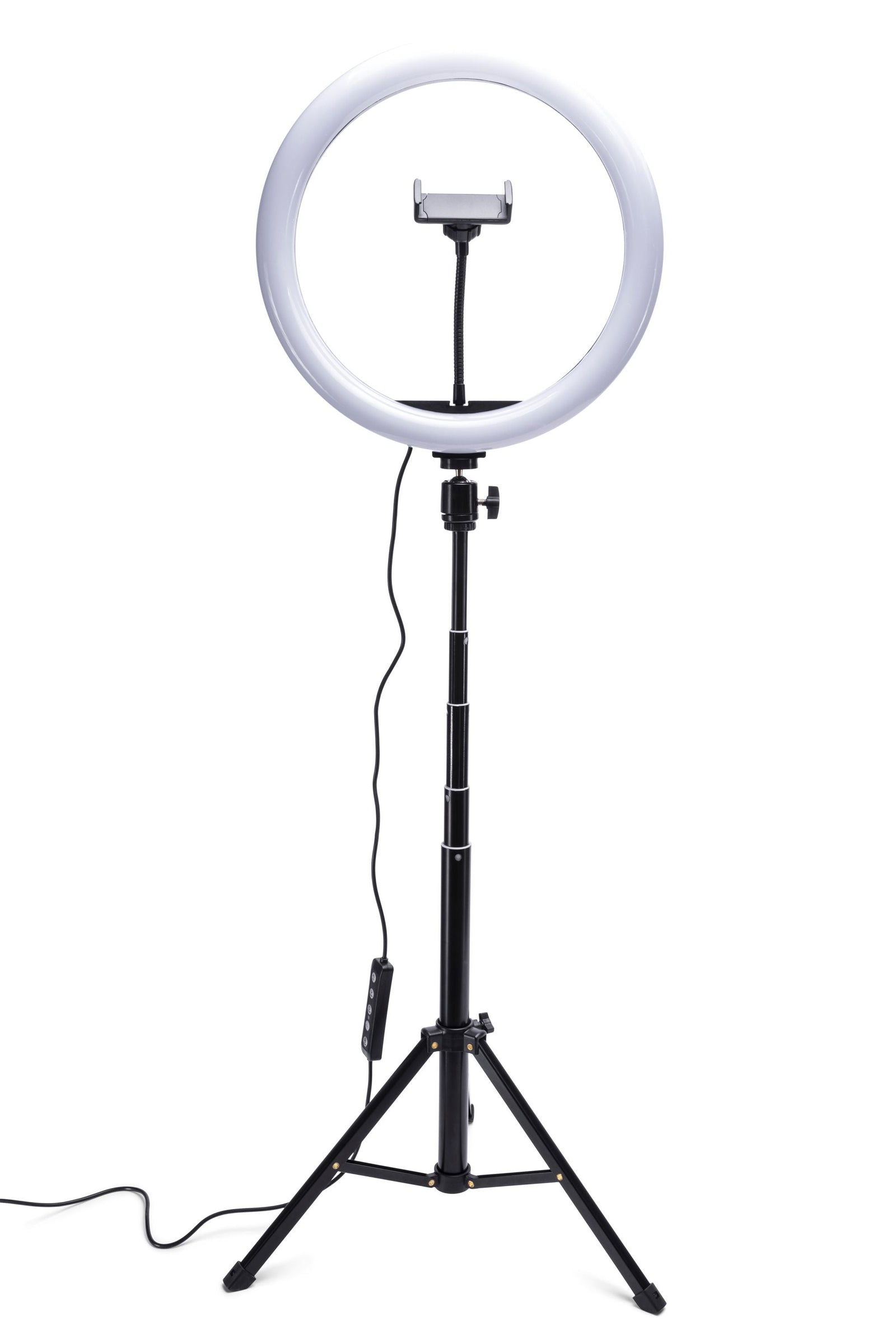 The Rio Studio RGB Beauty Ring Light features a smartphone holder, an adjustable black tripod, and a power cord with control switch—ideal for vivid color capture.