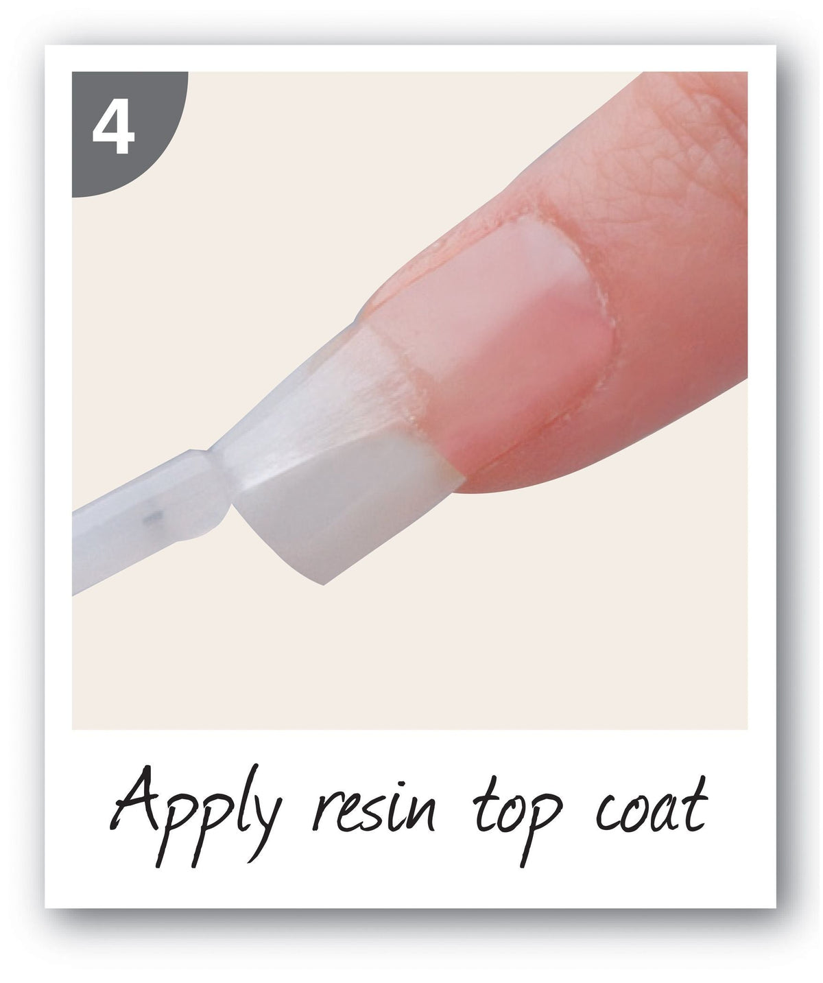 step 4 nail extension being brushed with clear gloss captioned apply resin top coat