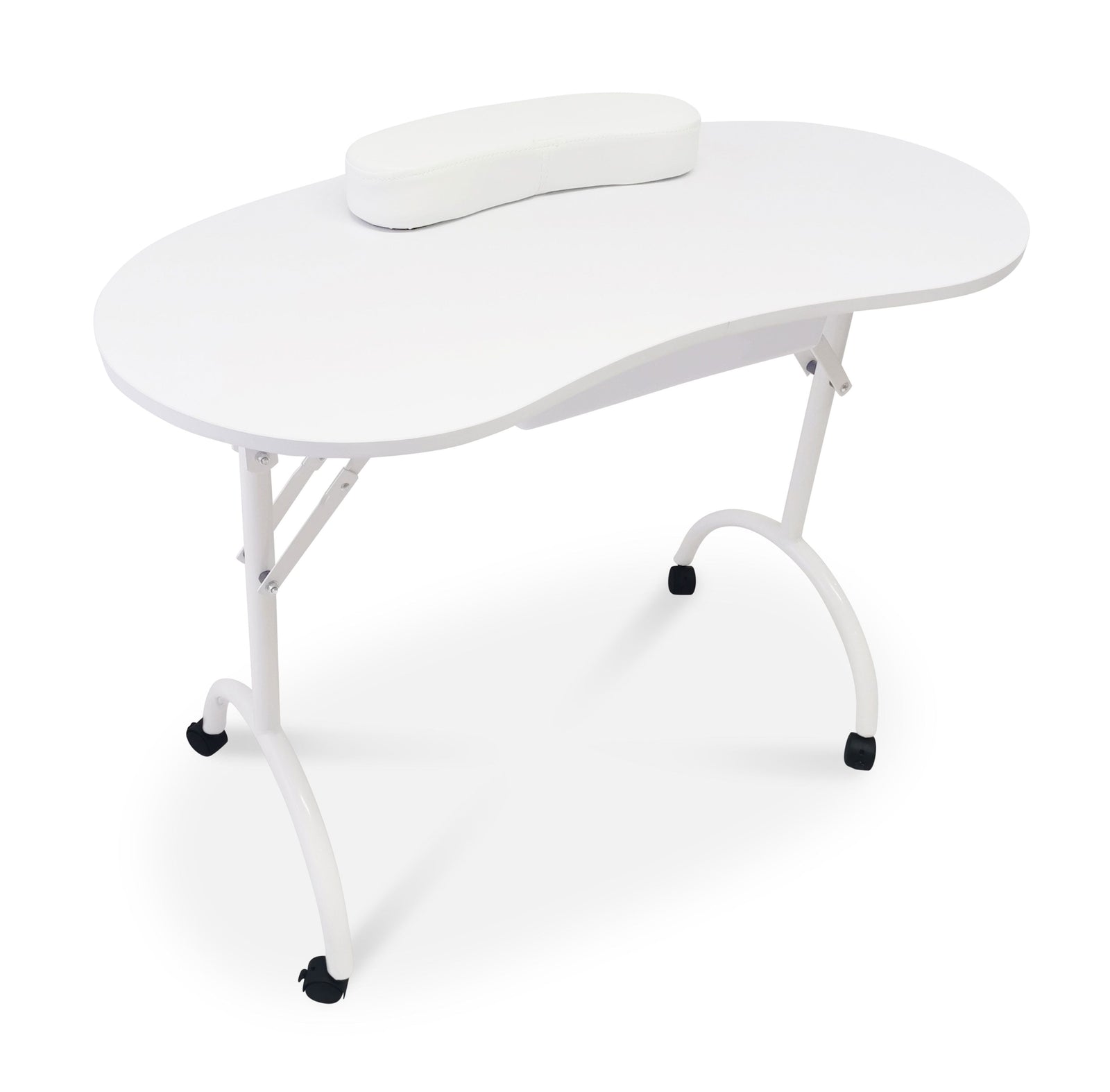 The Rio Professional Manicure & Nail Beauticians Table features a white kidney-shaped design, sturdy metal legs with wheels, and a matching wrist rest pad—ideal for nail professionals seeking a stylish setup.