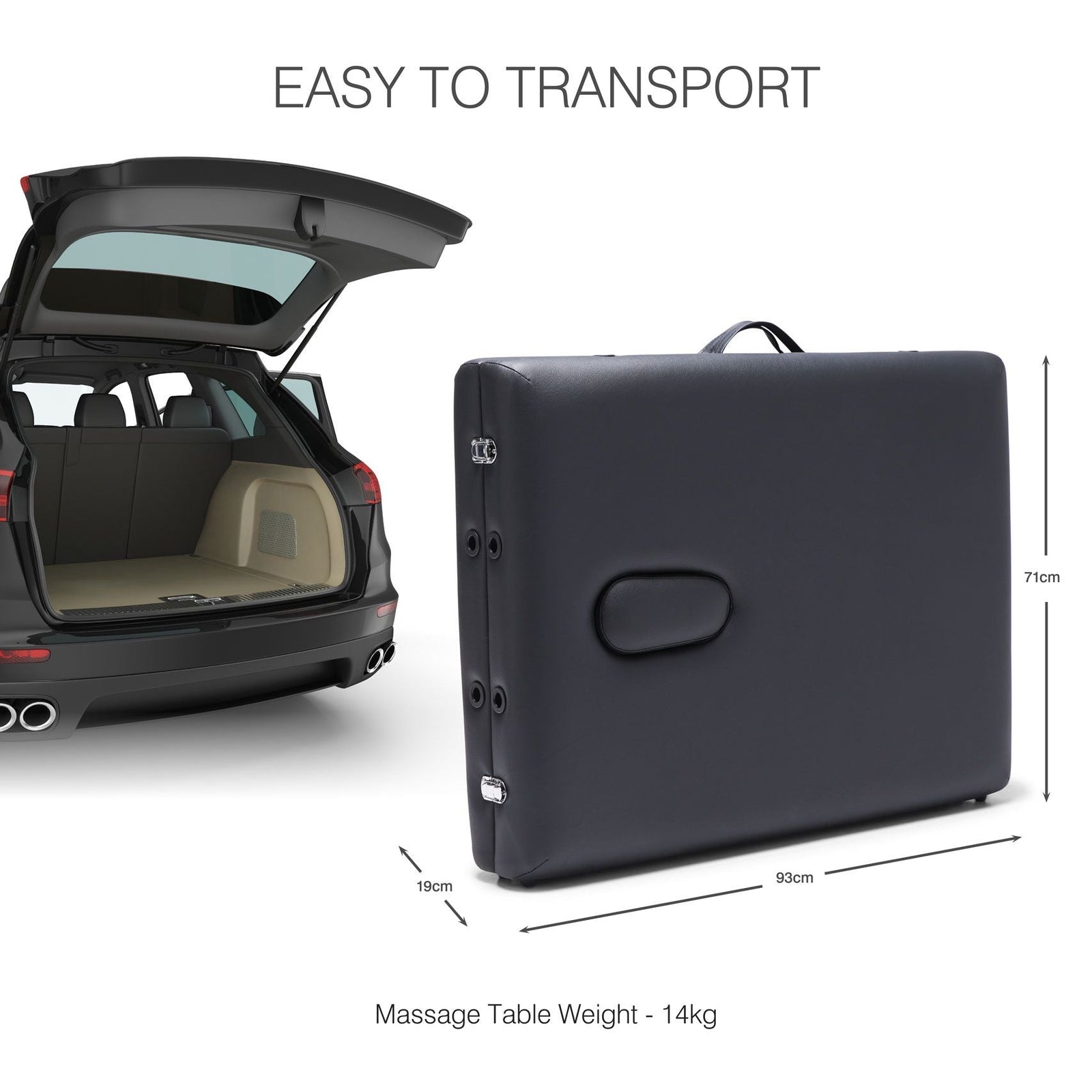 The Rio Professional Ultra-Light Portable Massage Table is shown by an open car trunk. Measuring 93 cm wide, 71 cm tall, and 19 cm deep, it weighs only 14 kg. Text reads EASY TO TRANSPORT and highlights its convenient carry handle.