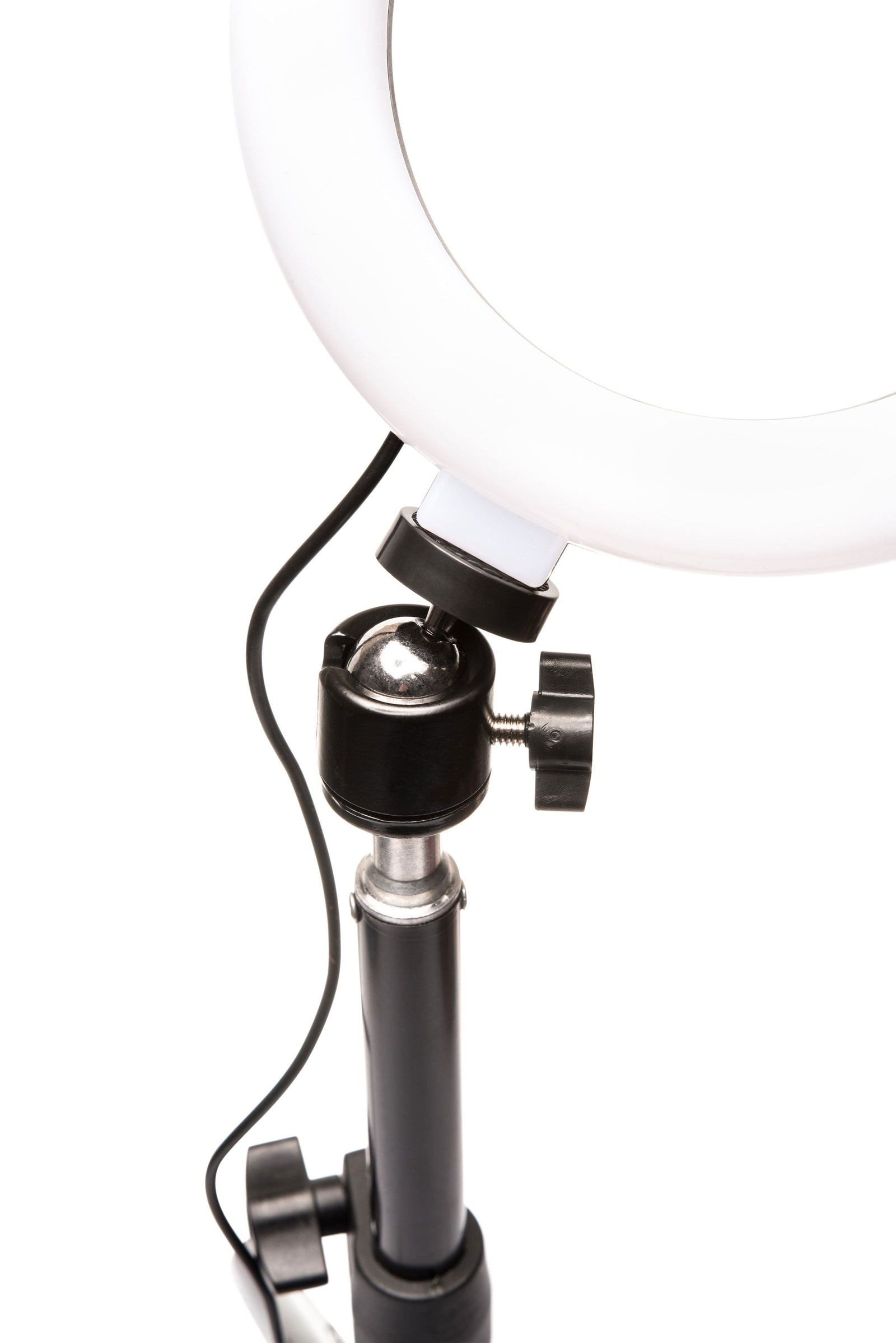 A close-up of the Rio Makeup Perfector LED Ring Light, mounted on a black adjustable stand with tightening knob and power cord—ideal for flawless makeup in any lighting, isolated on white background.