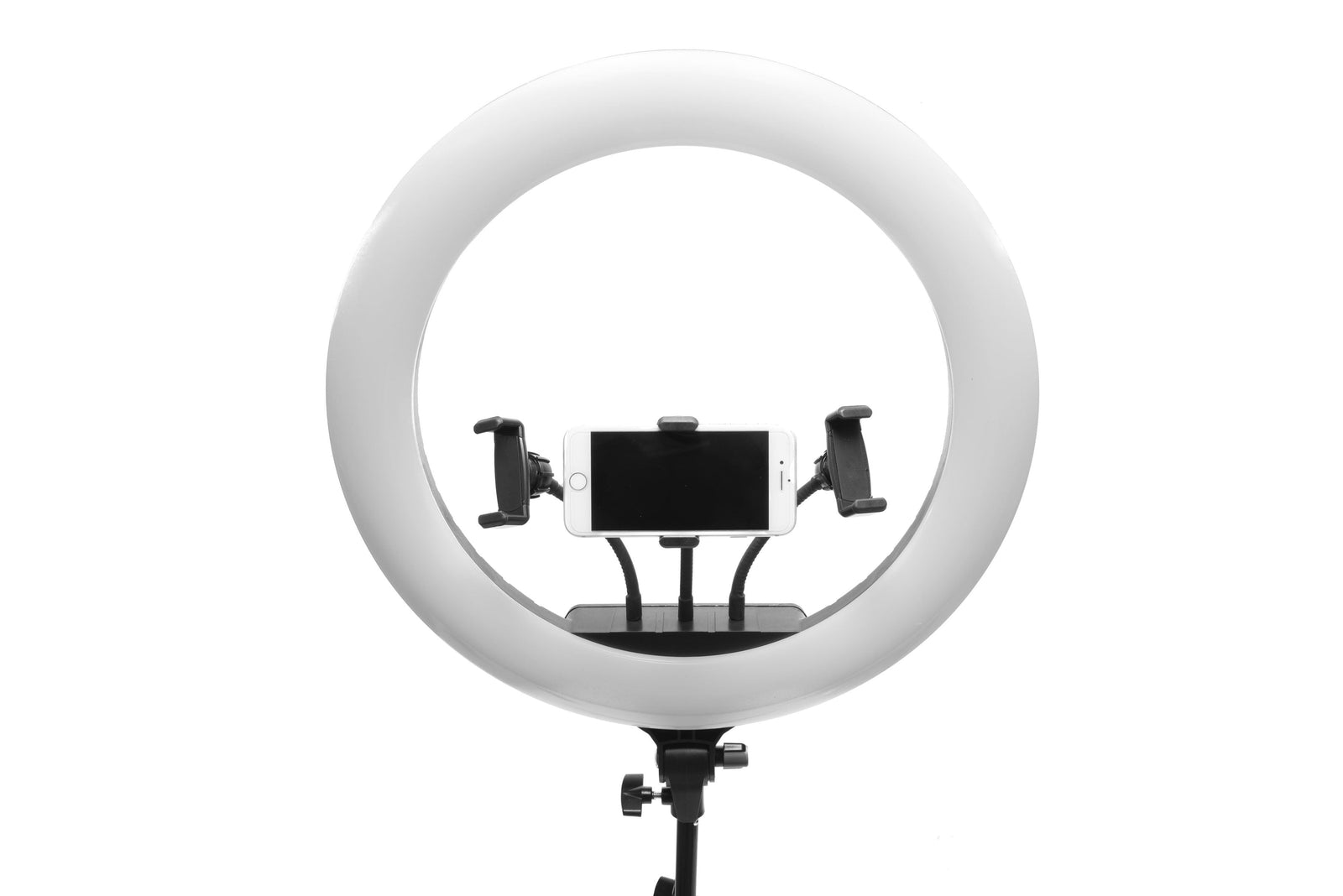 The Rio Professional Makeup & Vlogging 18-inch (45cm) Dimmable LED Ring Light, mounted on a tripod with a smartphone in the center, delivers ideal lighting for flawless makeup application against a white background.