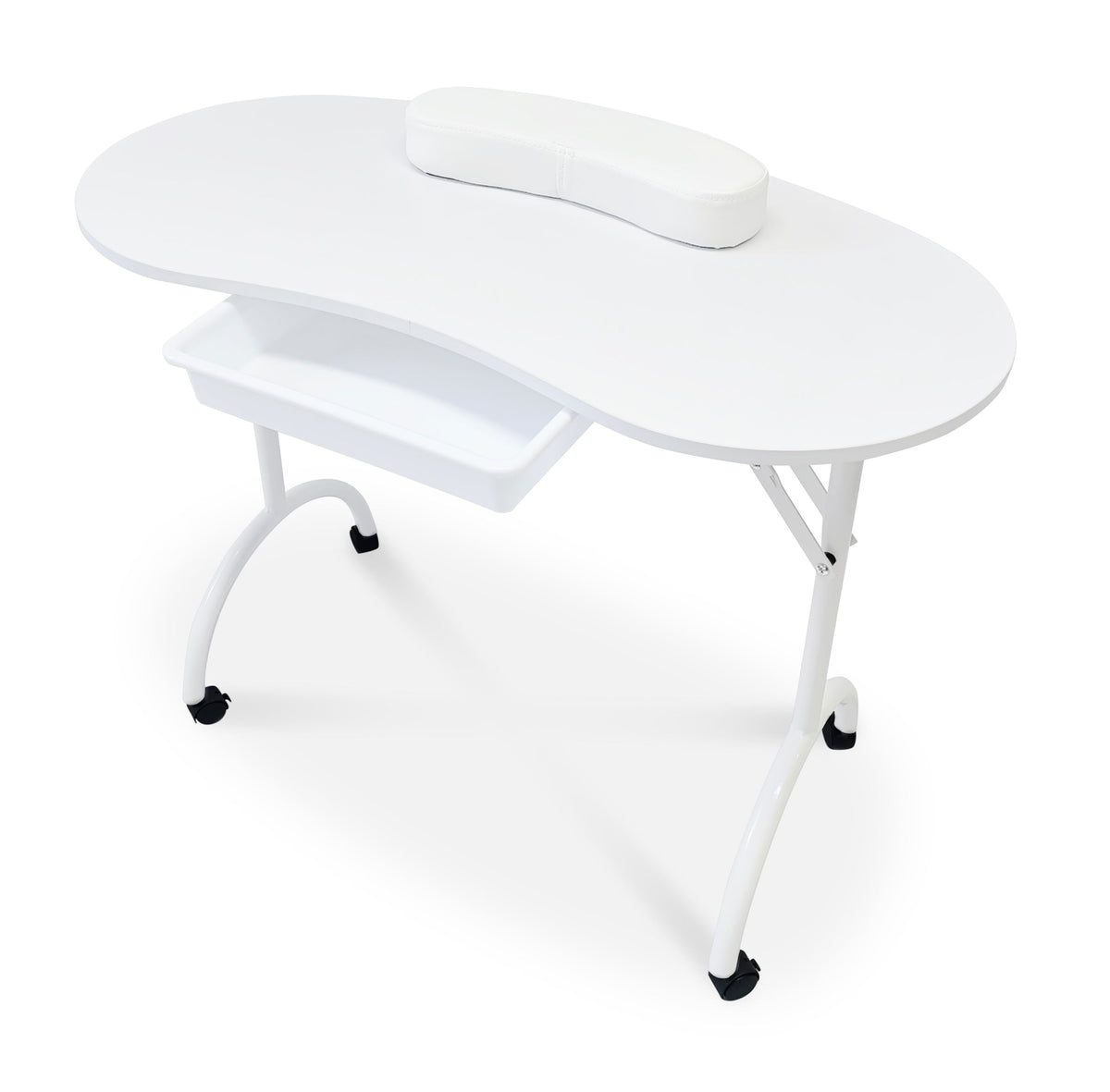The Rio Professional Manicure & Nail Beauticians Table is a white, kidney-shaped table with padded wrist rest, pull-out tray, and four caster wheels—perfect for nail technicians seeking mobility and a professional setup.