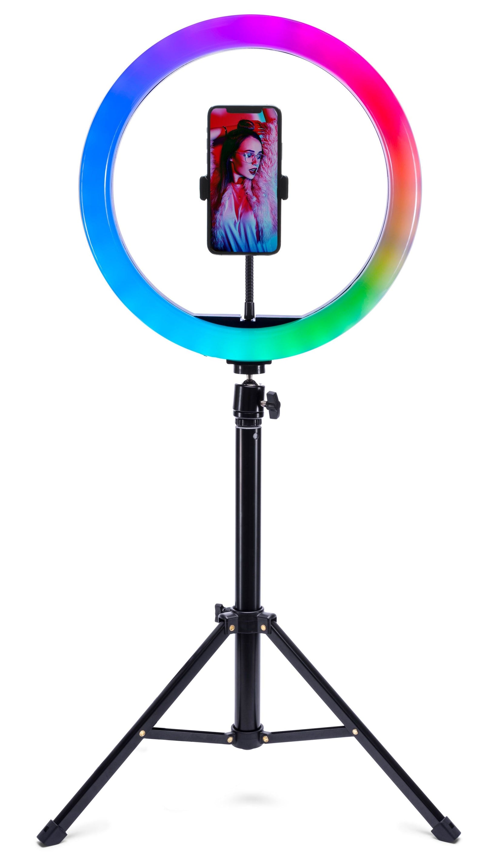 The Rio Studio RGB Beauty Ring Light features a colorful LED on a tripod with a phone holder—ideal for capturing vibrant portraits or exploring creative color photography.