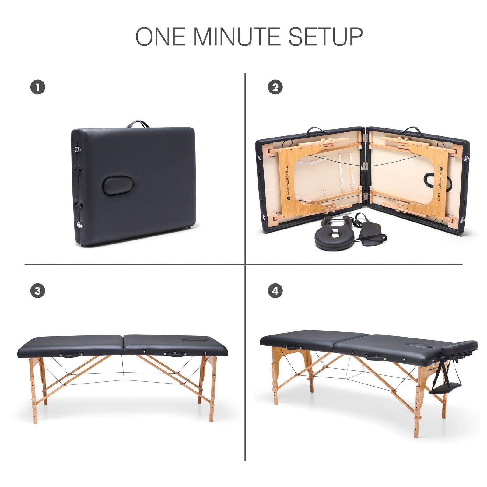A four-step guide shows the Rio Professional Ultra-Light Portable Massage Table: 1) folded like a suitcase; 2) opening to reveal accessories; 3) set up flat; 4) backrest raised for treatments. Text reads: One Minute Setup.