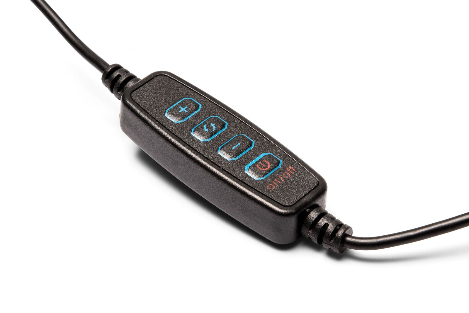 A close-up of Rios Makeup Perfector LED Ring Light black inline remote with four buttons—plus, minus, a circular arrow, and a red power symbol—attached to cables, designed for flawless makeup in any light against a white background.