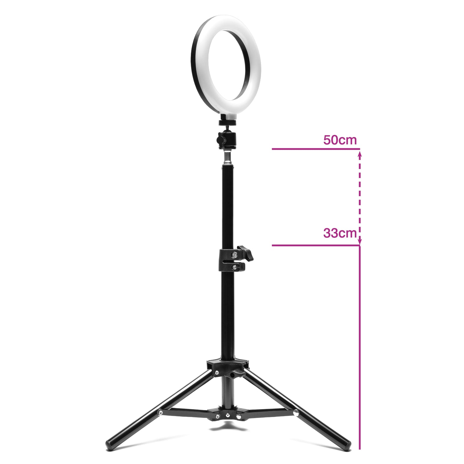 The Rio Makeup Perfector LED Ring Light, shown on a white background mounted on a tripod stand with 50 cm height and 33 cm width markers, is ideal for flawless makeup application in any lighting.