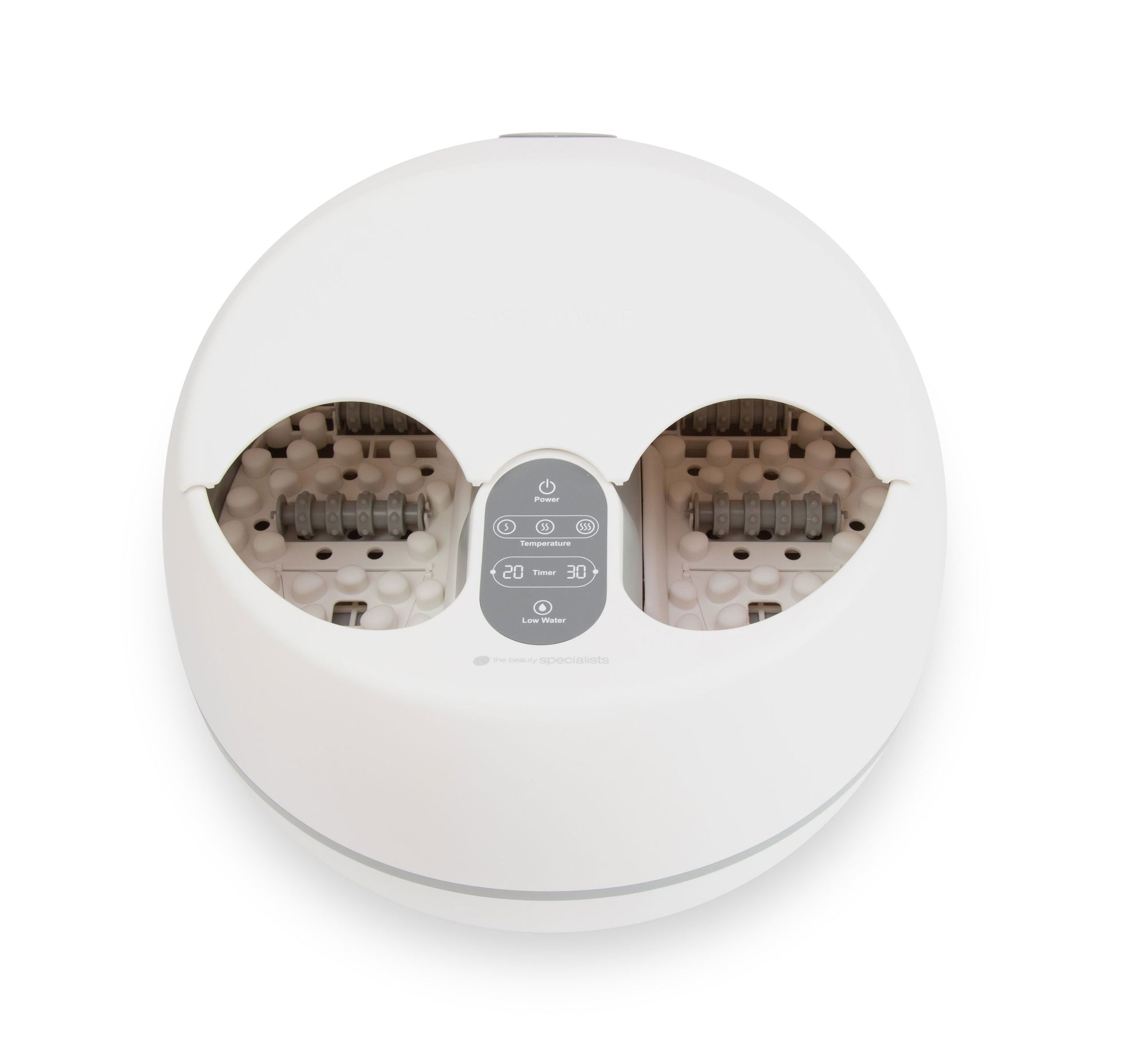 above view of steam foot spa showing inside pebble base and foot rollers