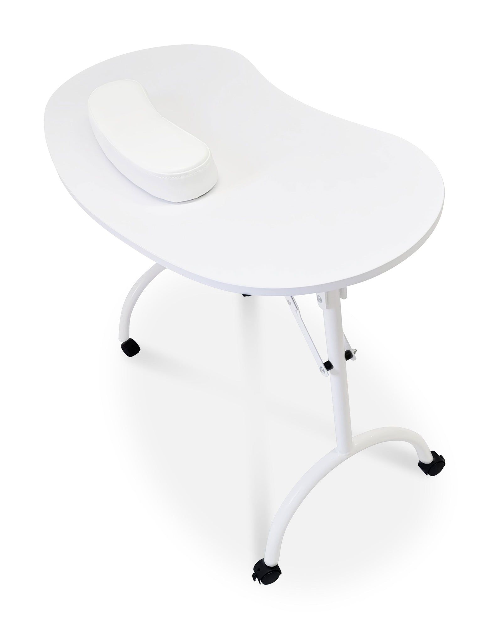 The Rio Professional Manicure & Nail Beauticians Table is a white, kidney-shaped table with a matching crescent headrest and curved metal legs on wheels—perfect for any nail salon or professional setting.