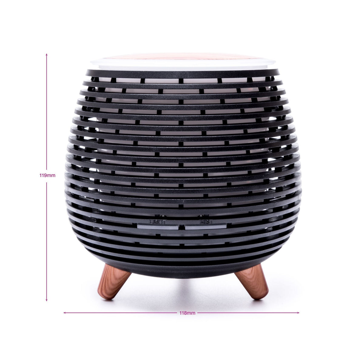 The Rio ZOEY Aroma Diffuser, Humidifier & Night-Light features a round, black striped design with wooden legs. Measuring 119mm high and 118mm wide, it’s perfect for relaxation and creating a peaceful atmosphere anywhere. Shown on a white background.