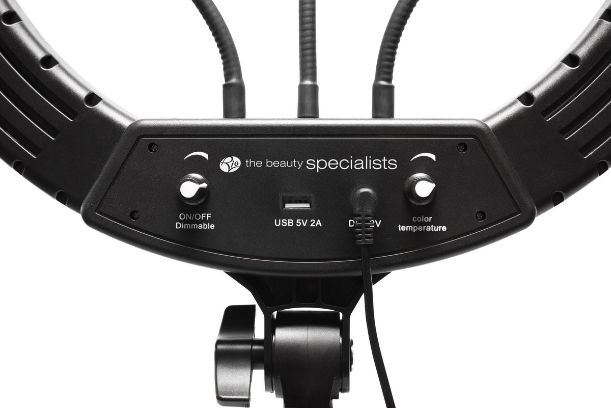 Close-up of the Rio Professional Makeup & Vlogging 18-inch Dimmable LED Ring Light’s control panel, showing on/off, dimming, color temperature controls, USB port, and power input—ideal for studio-quality makeup lighting.