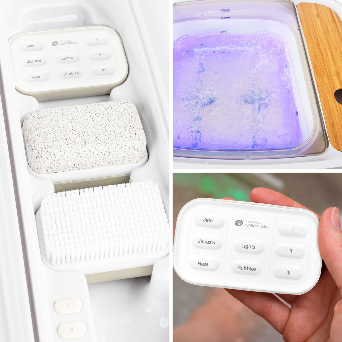 close up of remote control, dynamic spa lights and pumice stone and brush compartments 