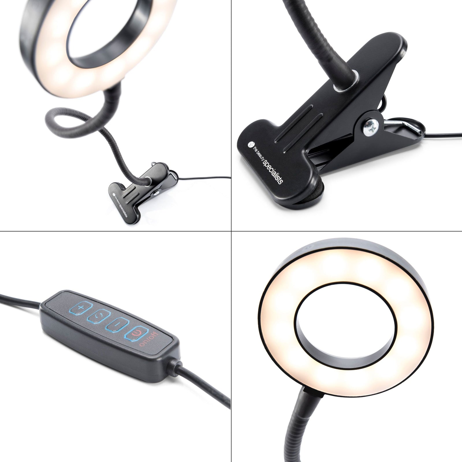 The Rio Beauty Station LED Ring Light features a flexible gooseneck and sturdy clip. Its remote control lets you adjust power, brightness, and lighting modes. Enjoy perfect illumination from its bright, circular LED design.