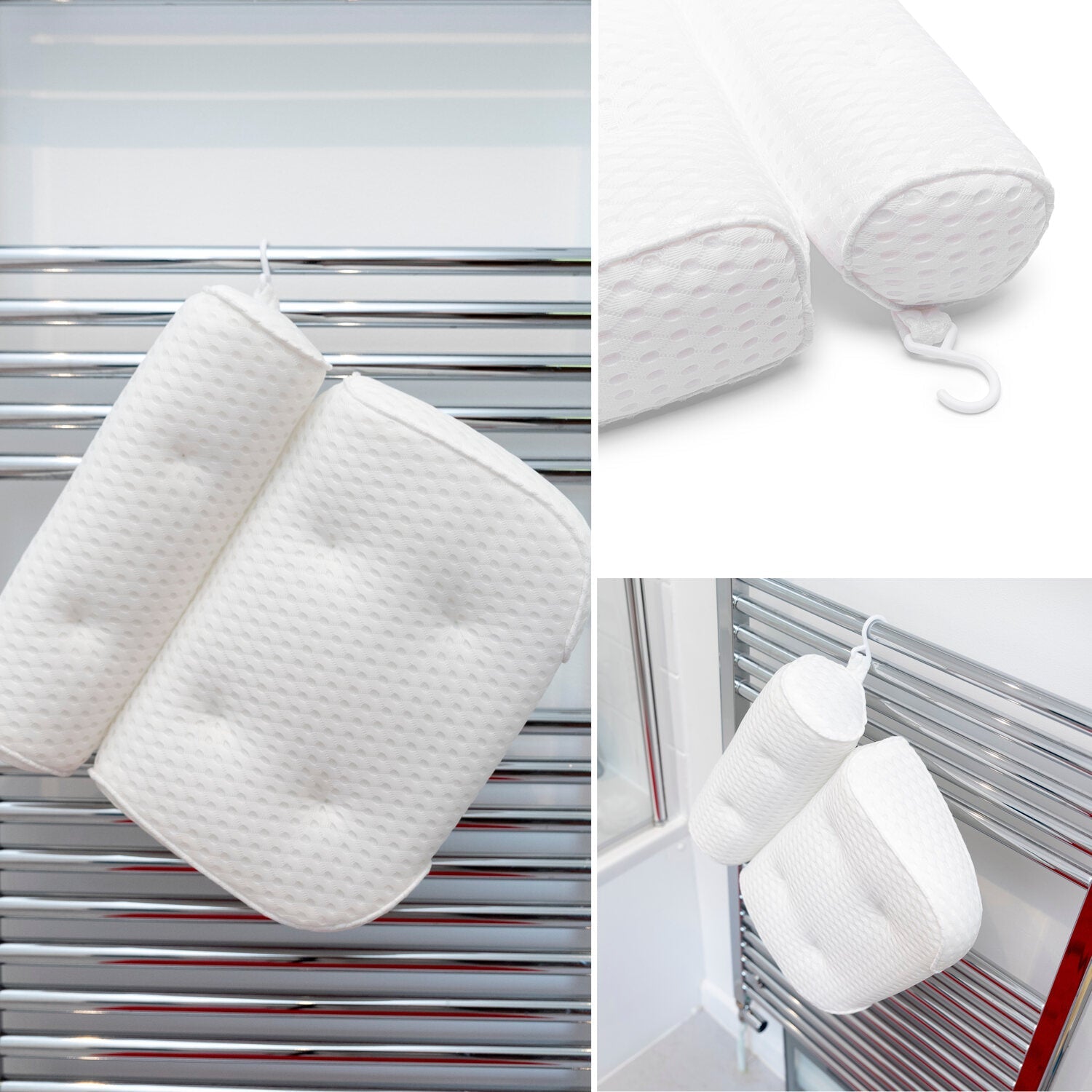 The Rio Luxury Bath Spa Pillow is shown on a metal towel rack, highlighting its quilted surface, suction cups, hook for easy hanging, and comfortable design—ideal for relaxing soaks.