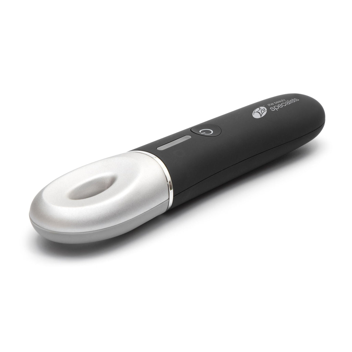 The Rio Revive & Refresh is a black and silver electronic device with an oval-shaped opening, button, and display, designed to brighten your routine. It is shown on a white background.