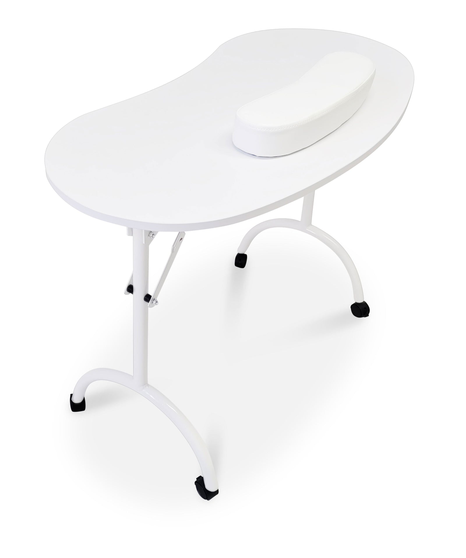 The Rio Professional Manicure & Nail Beauticians Table features a white, kidney-shaped surface with curved metal legs and a matching wrist rest pad—a modern, minimalist setup perfect for nail technicians seeking a sleek, professional workspace.
