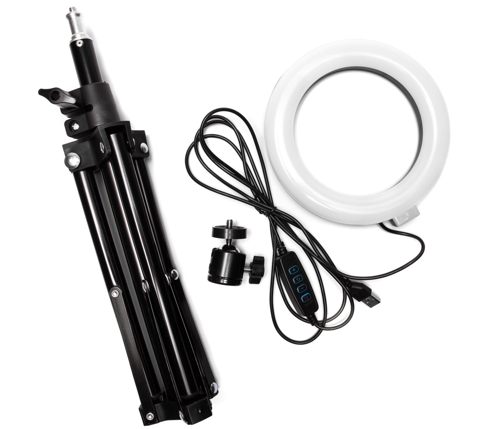The Rio Makeup Perfector LED Ring Light includes a black tripod, circular white ring light, ball head mount, and USB cable with in-line controls—perfect for flawless makeup application in any lighting.