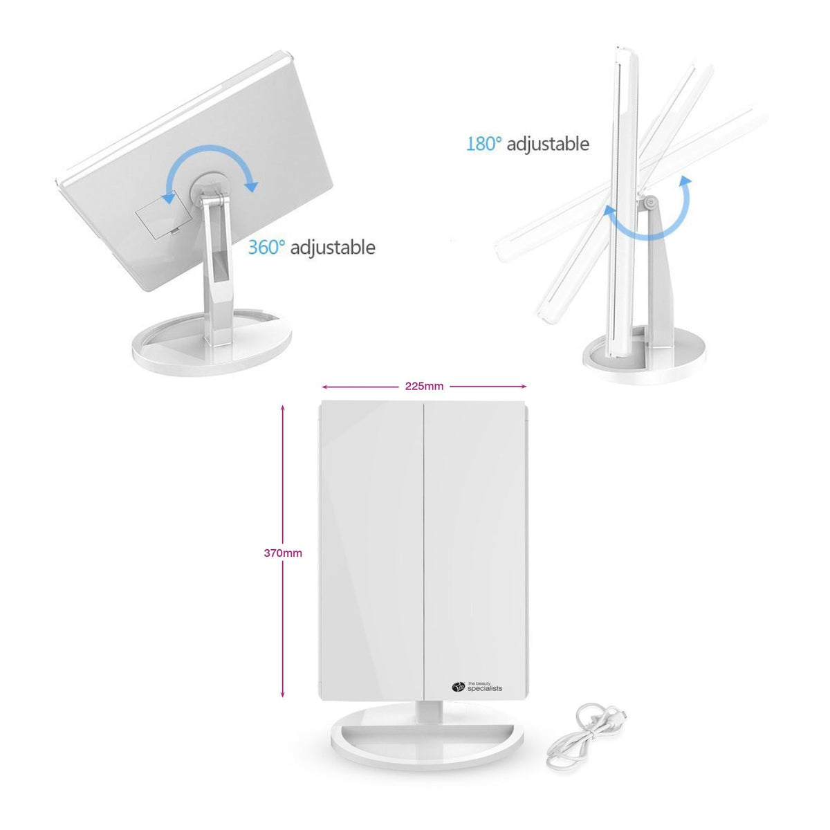 rear view of mirror and swivel function with arrow illustrating 360 degree adjustable design with side view of mirror tilting back and forth showing 180 degree adjustable tilt and mirror with trifold doors closed and arrows labelling height 370mm and width 225mm