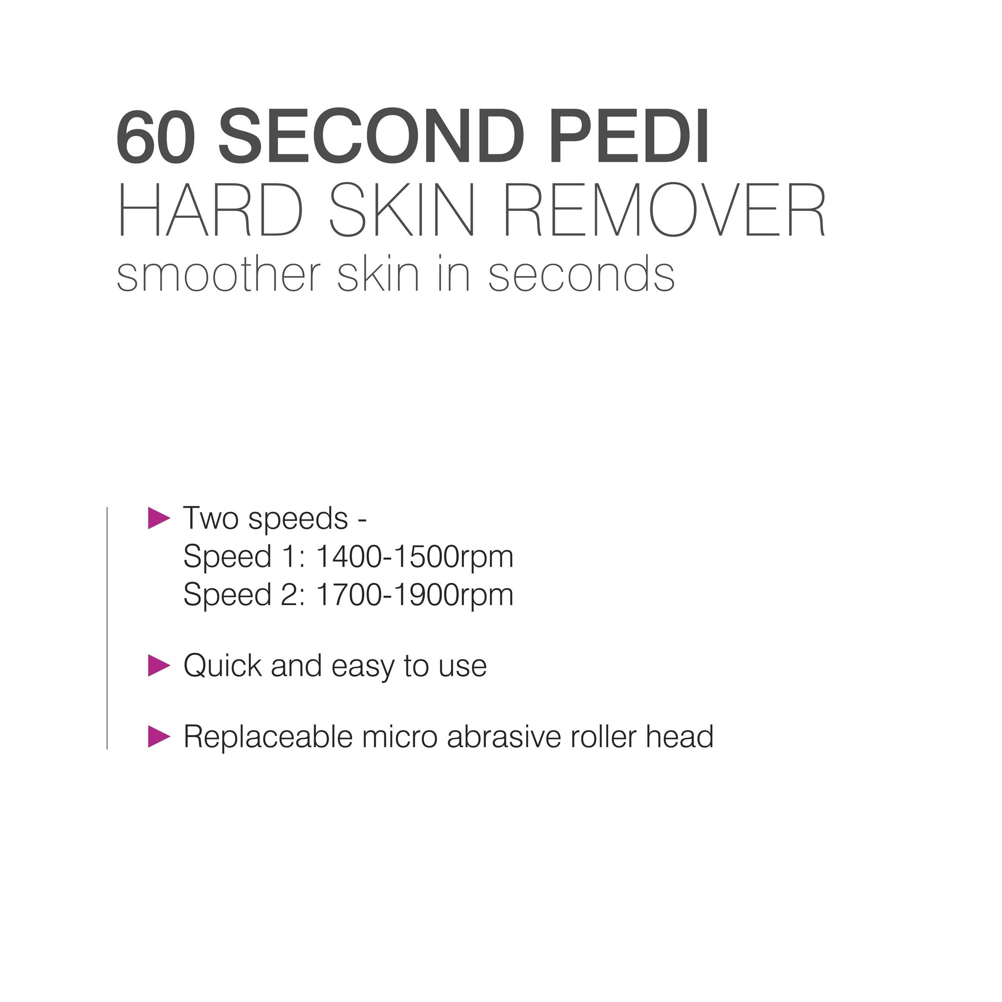list of features: two speeds; 1400-1500rpm & 1700-1900rpm, quick and easy to use, replacement micro abrasive roller head 