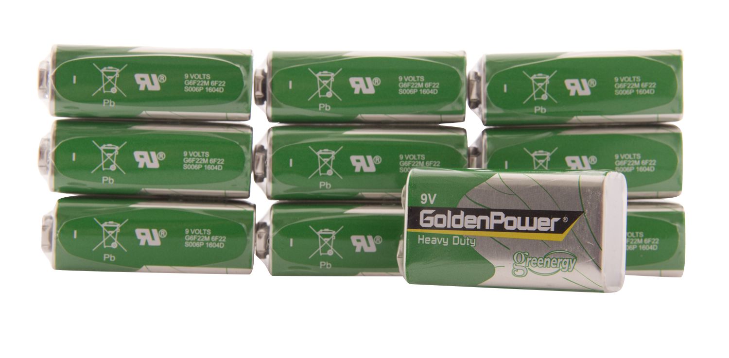 Ten Rio 9V batteries from the Pack of 10 are arranged in two rows, with one battery in front showing the label—a handy set for your essential needs.