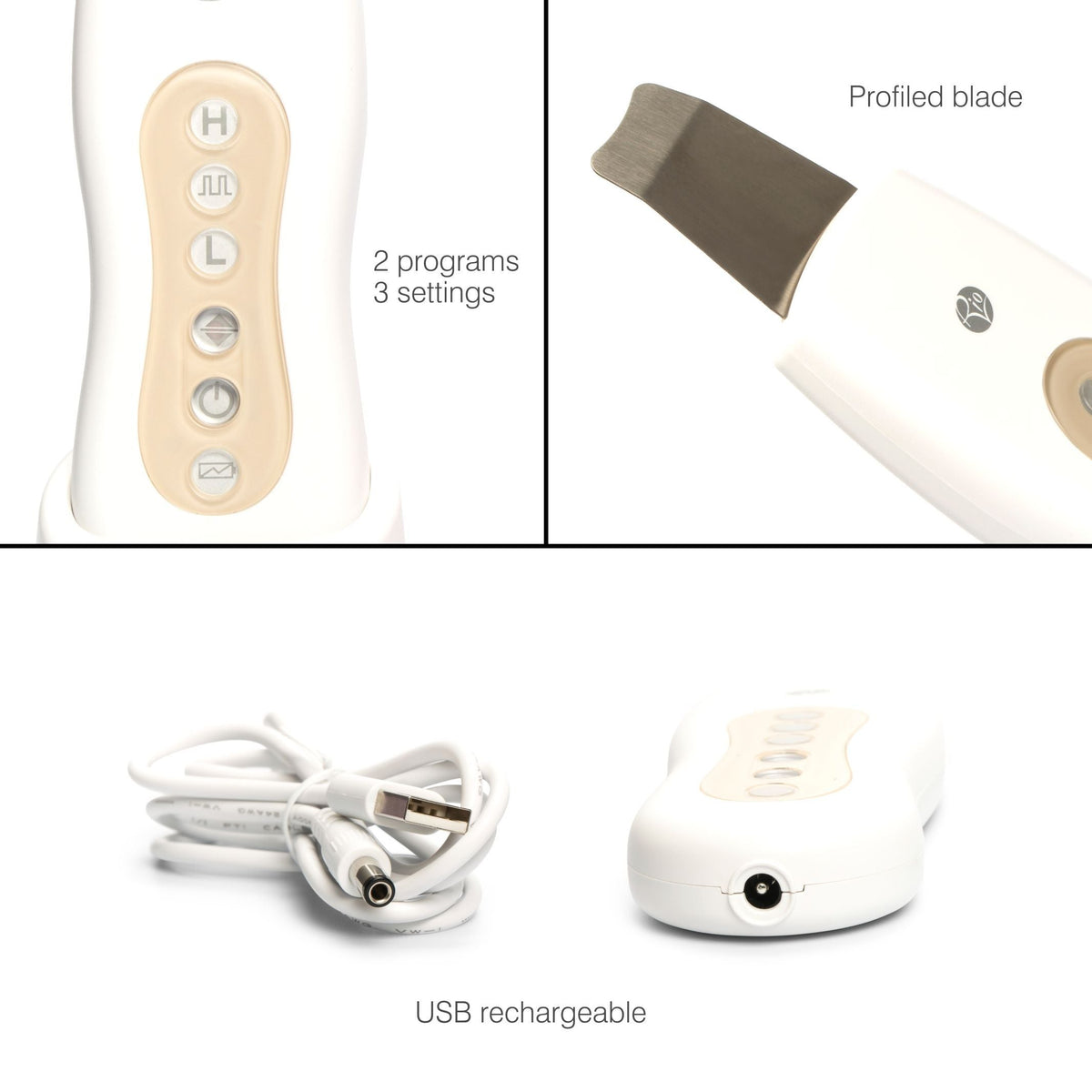 collage of different close ups of ultrasonic facial device including button controls for 2 different treatment programs and 3 settings the profiled blade and charging port with USB cable 