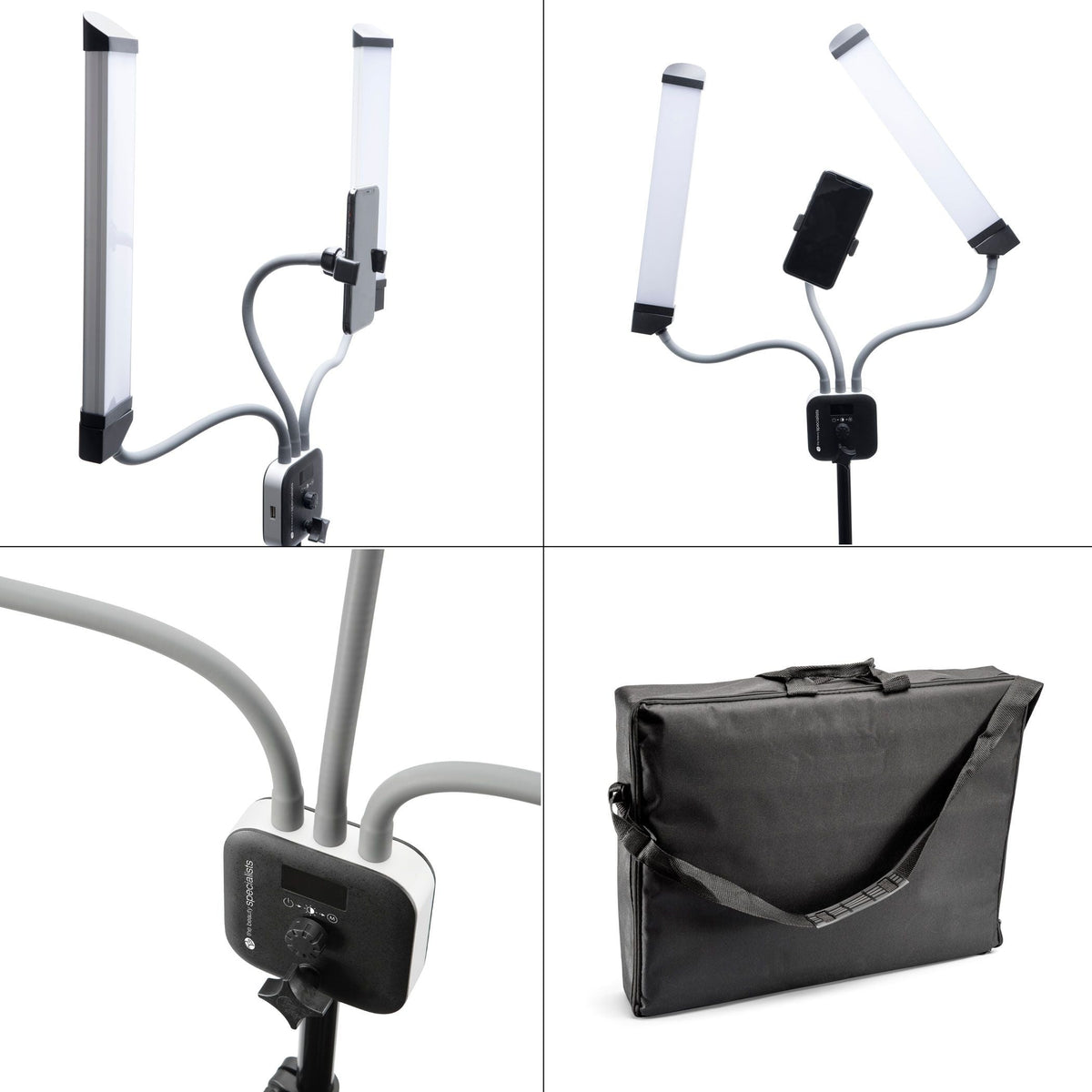 A collage displays the Rio Professional Twin LED Strip Lights with three flexible arms, a phone holder, a close-up of the control panel, and a black carrying case with a shoulder strap—ideal for content creators and makeup artists.