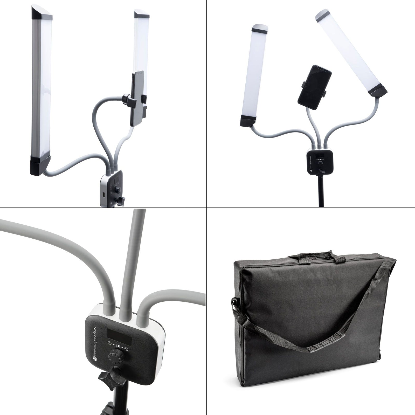 A collage displays the Rio Professional Twin LED Strip Lights with three flexible arms, a phone holder, a close-up of the control panel, and a black carrying case with a shoulder strap—ideal for content creators and makeup artists.