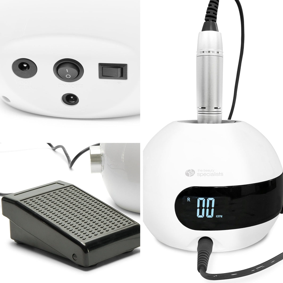 close up of various parts of salon electric nail file including on off switch and cable ports, foot pedal control, and digital display screen