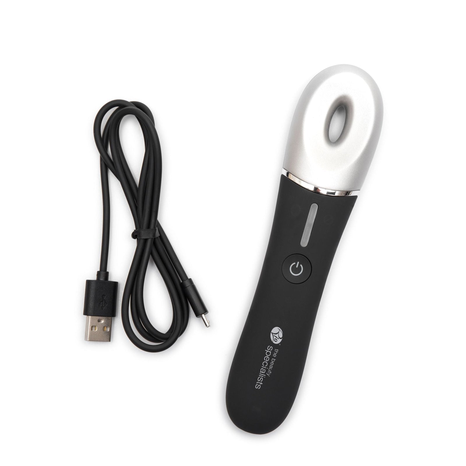 The Rio Revive & Refresh, a black and silver handheld electronic device with buttons for soothing and refreshing, is shown next to its black USB charging cable on a white background.