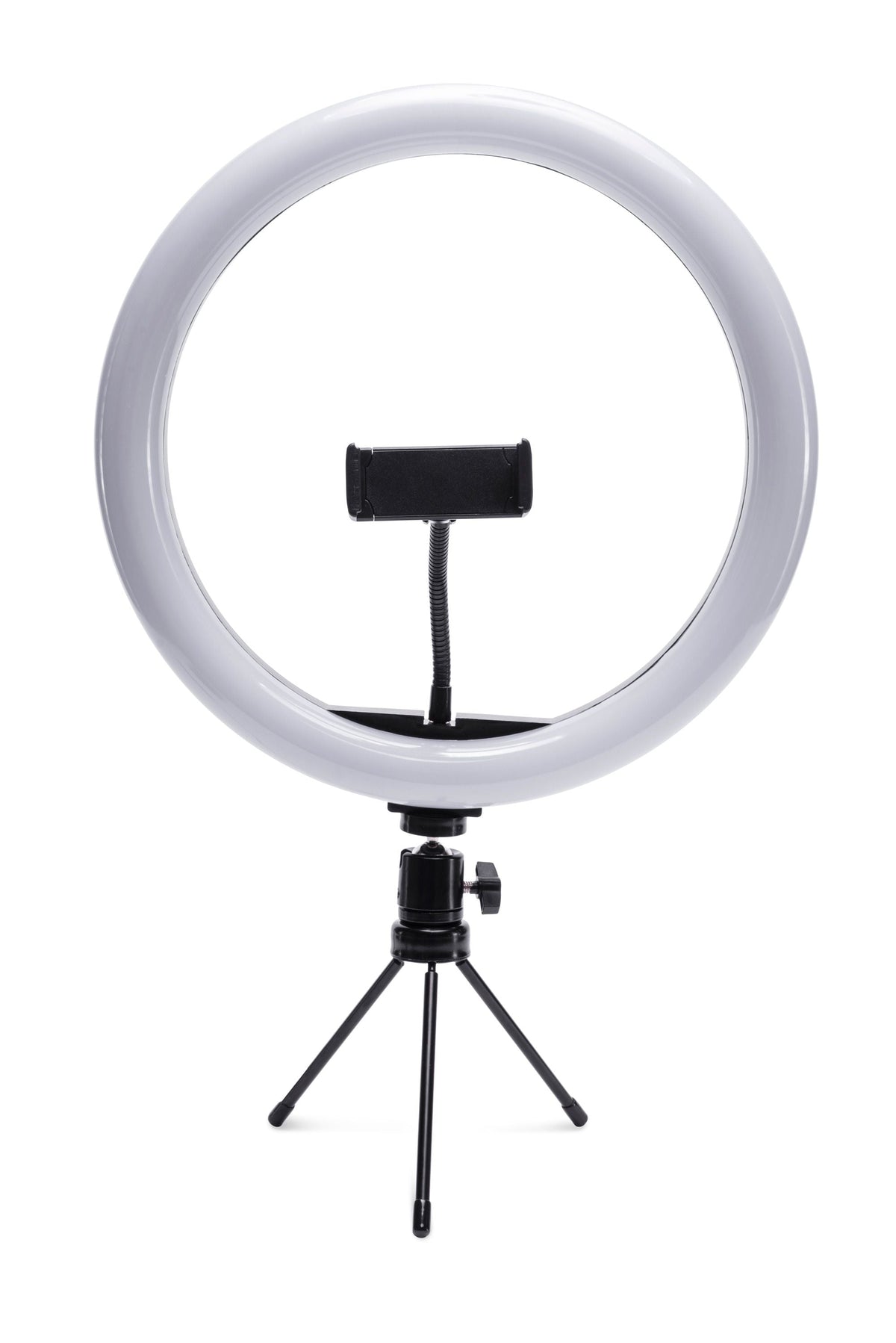 The Rio Studio RGB Beauty Ring Light features a central phone holder and compact tripod, ideal for vivid color photography against a white background.