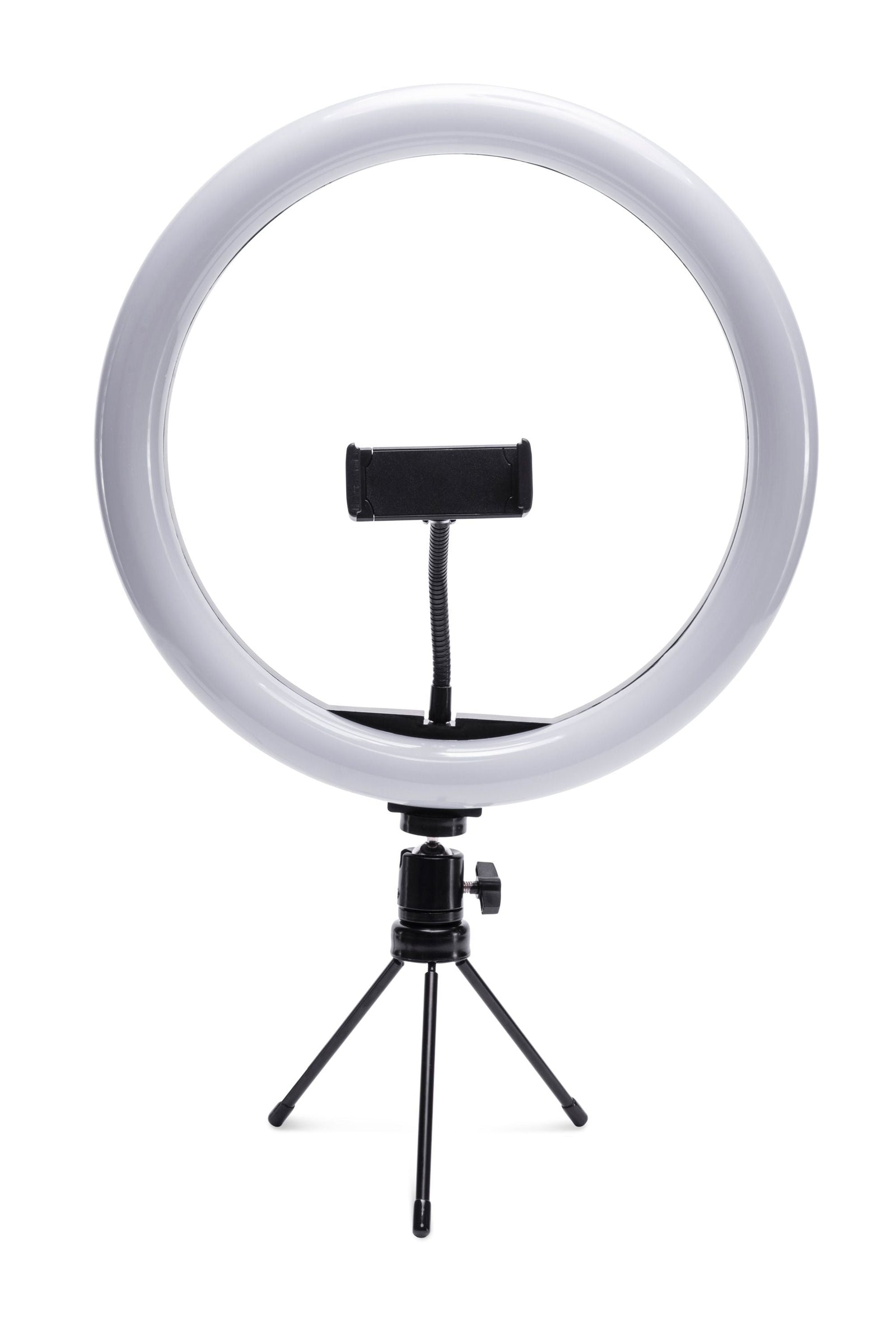 The Rio Studio RGB Beauty Ring Light features a central phone holder and compact tripod, ideal for vivid color photography against a white background.